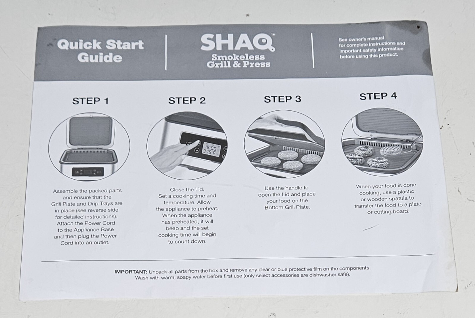 SHAQ Smokeless Grill & Press Electric Indoor Grill GMC01 Complete – TESTED