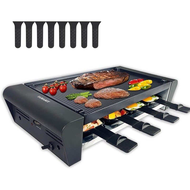 2 in 1 Raclette Grill W/ Non Stick Surface 1300W Indoor Cooking W/ 8 Pans New