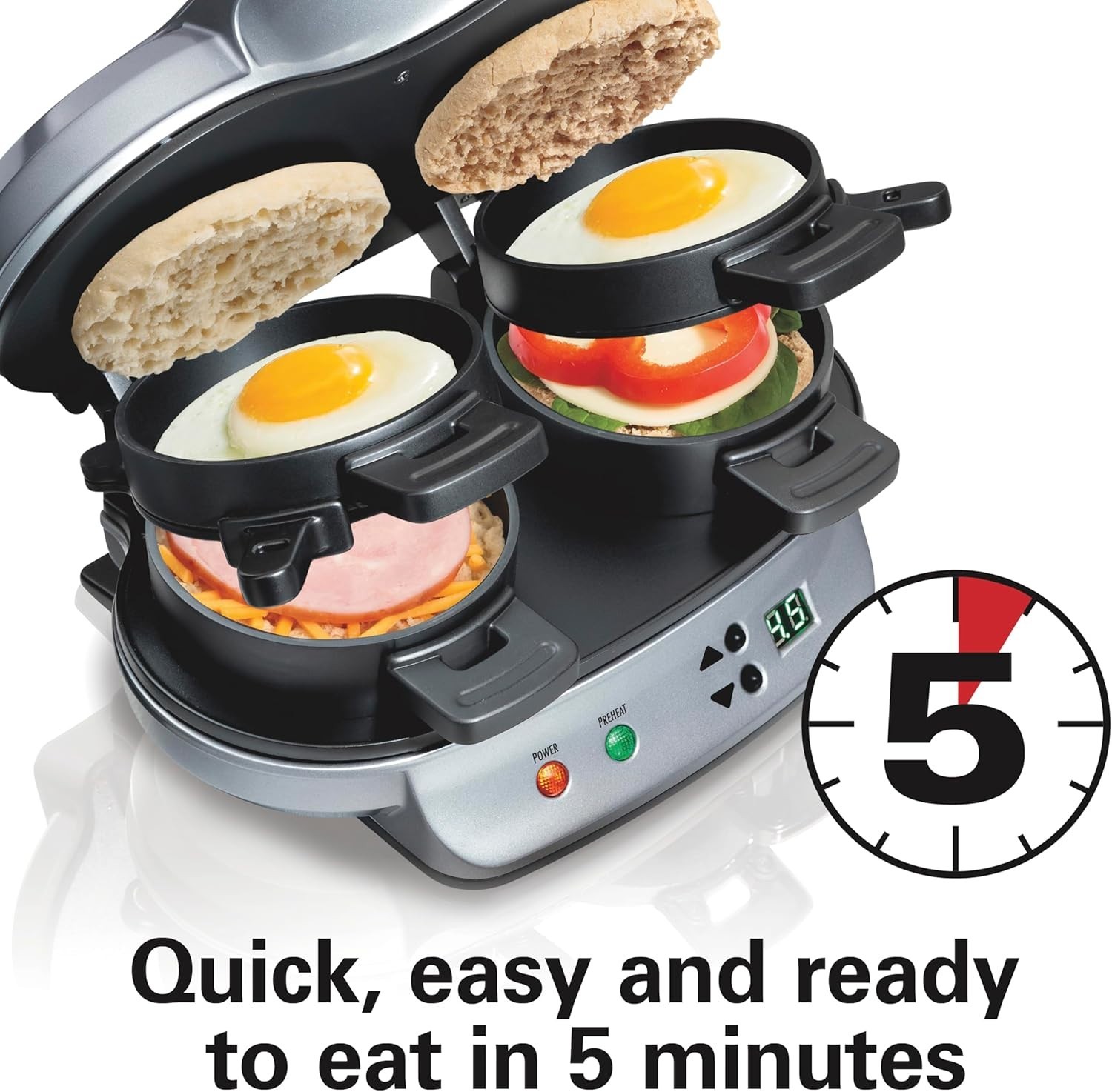 Dual Breakfast Sandwich Maker with Timer Nonstick Egg Cooker Silver