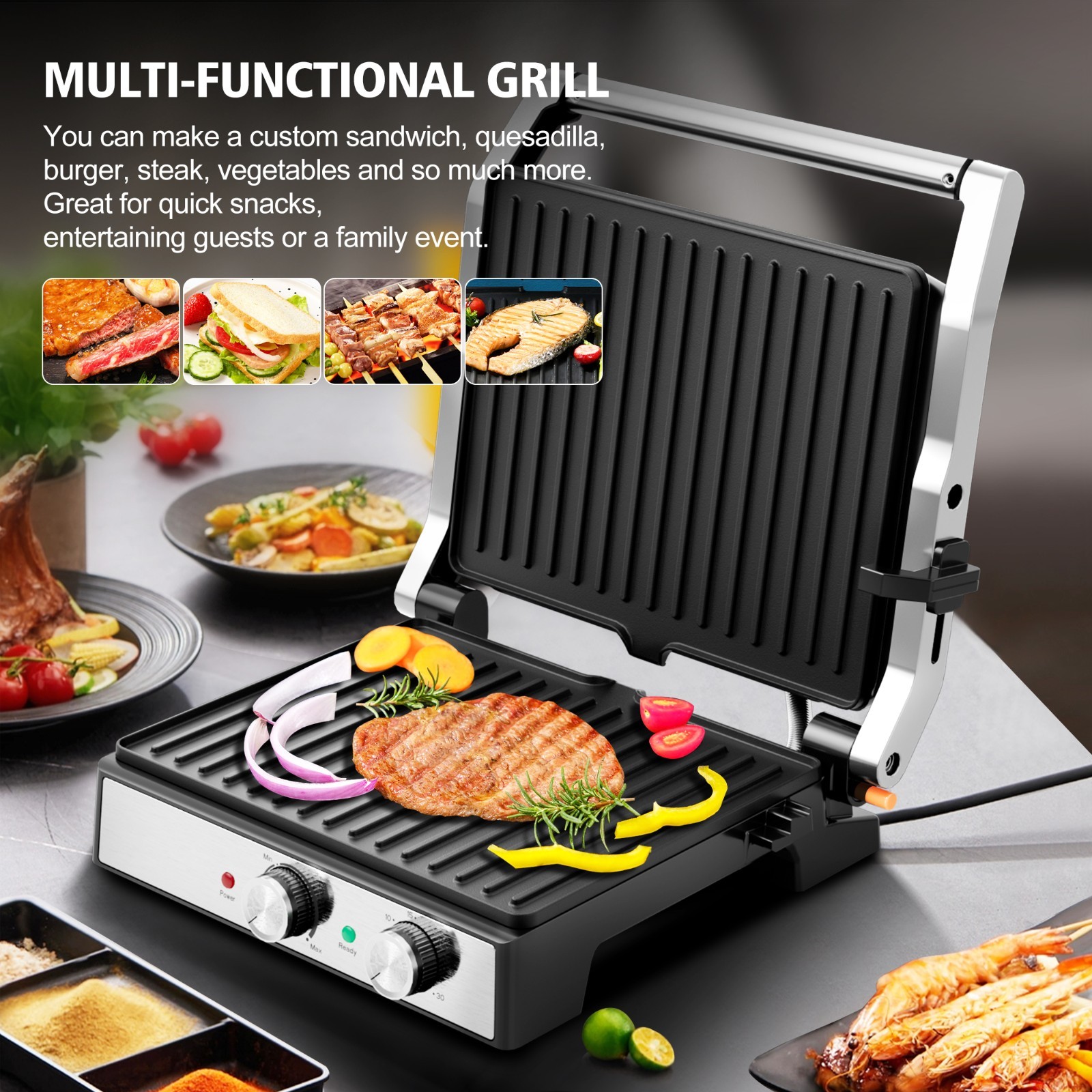 1600W 4-Slice Panini Press, Non-Stick, Temp/Time Control, Removable Tray