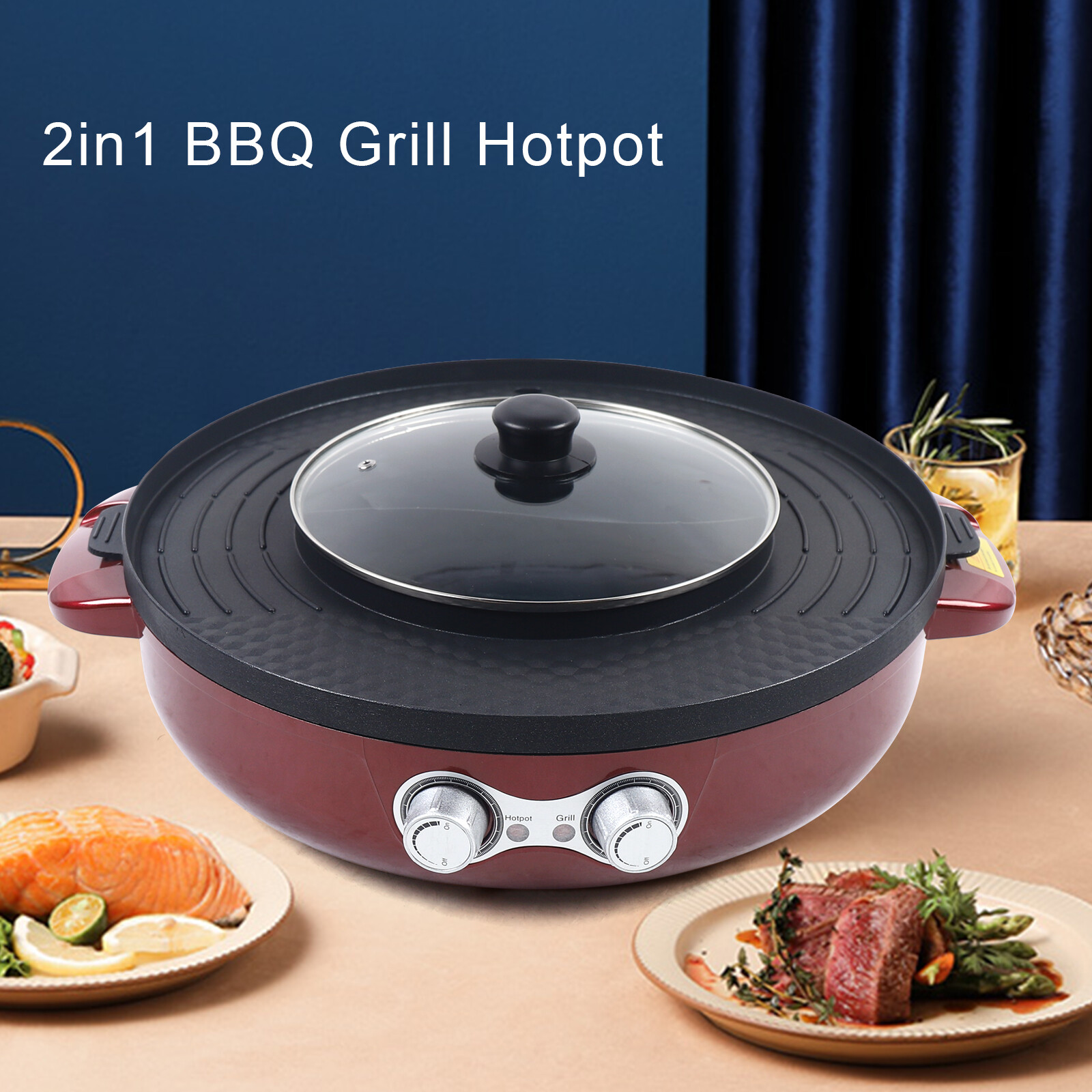 2 in 1 Electric Smokeless Grill and Hot Pot BBQ Grill Soup Shabu Pot 2200W 110V