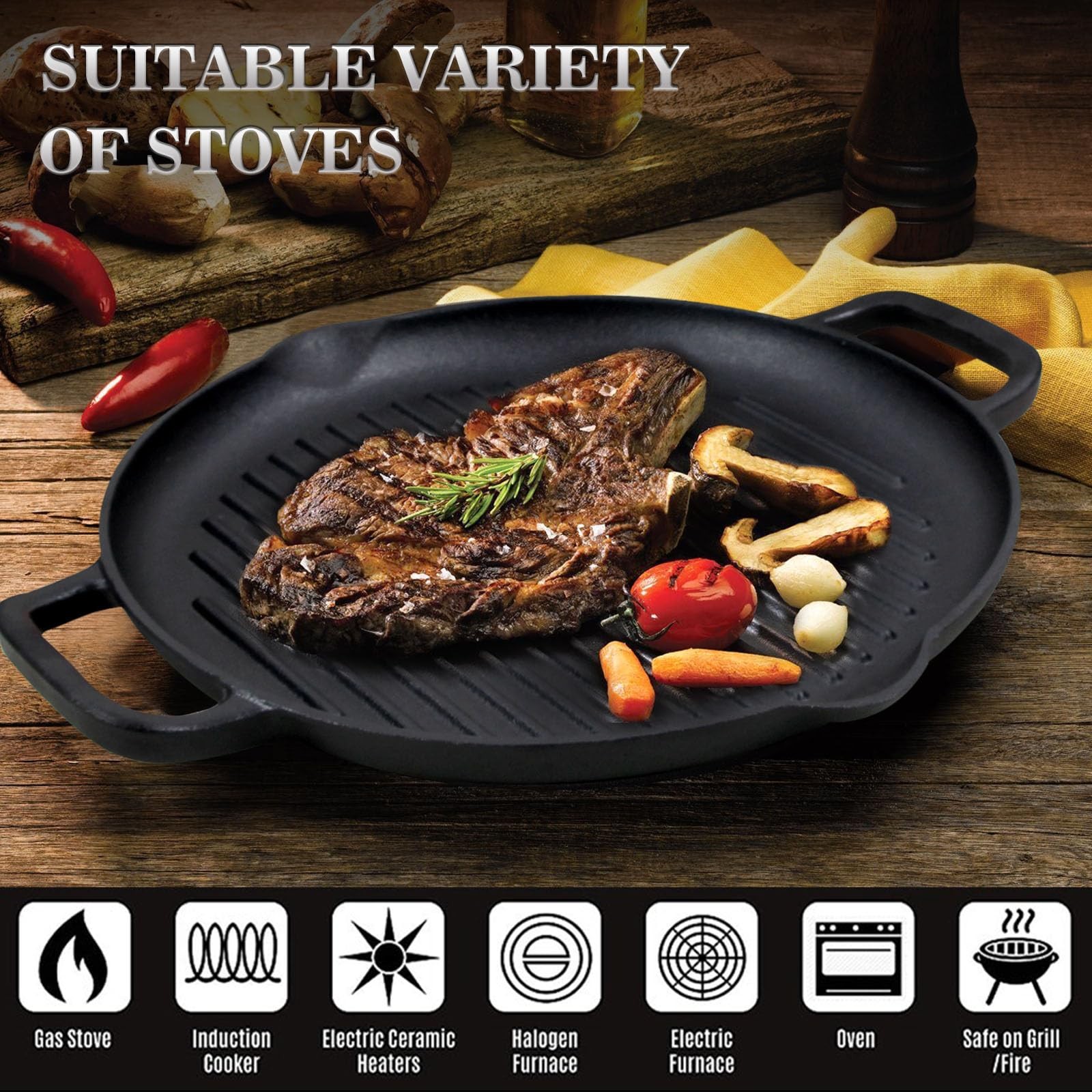 Pre-Seasoned Cast Iron Griddle Pan – 12.6 Inch Round Grill Pan with Dual Handles
