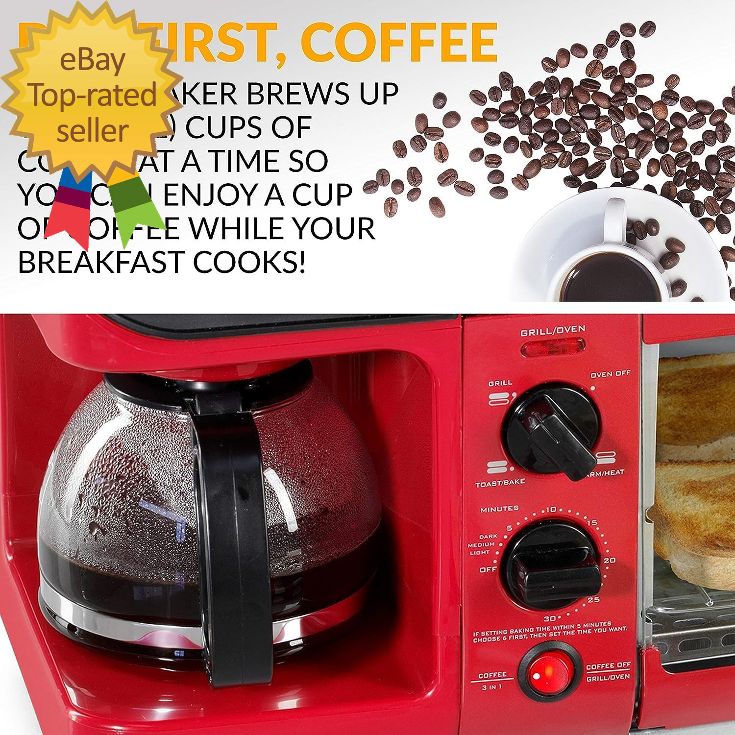 3-In-1 Breakfast Station Includes Coffee Maker Non-Stick Griddle and 4-Slice