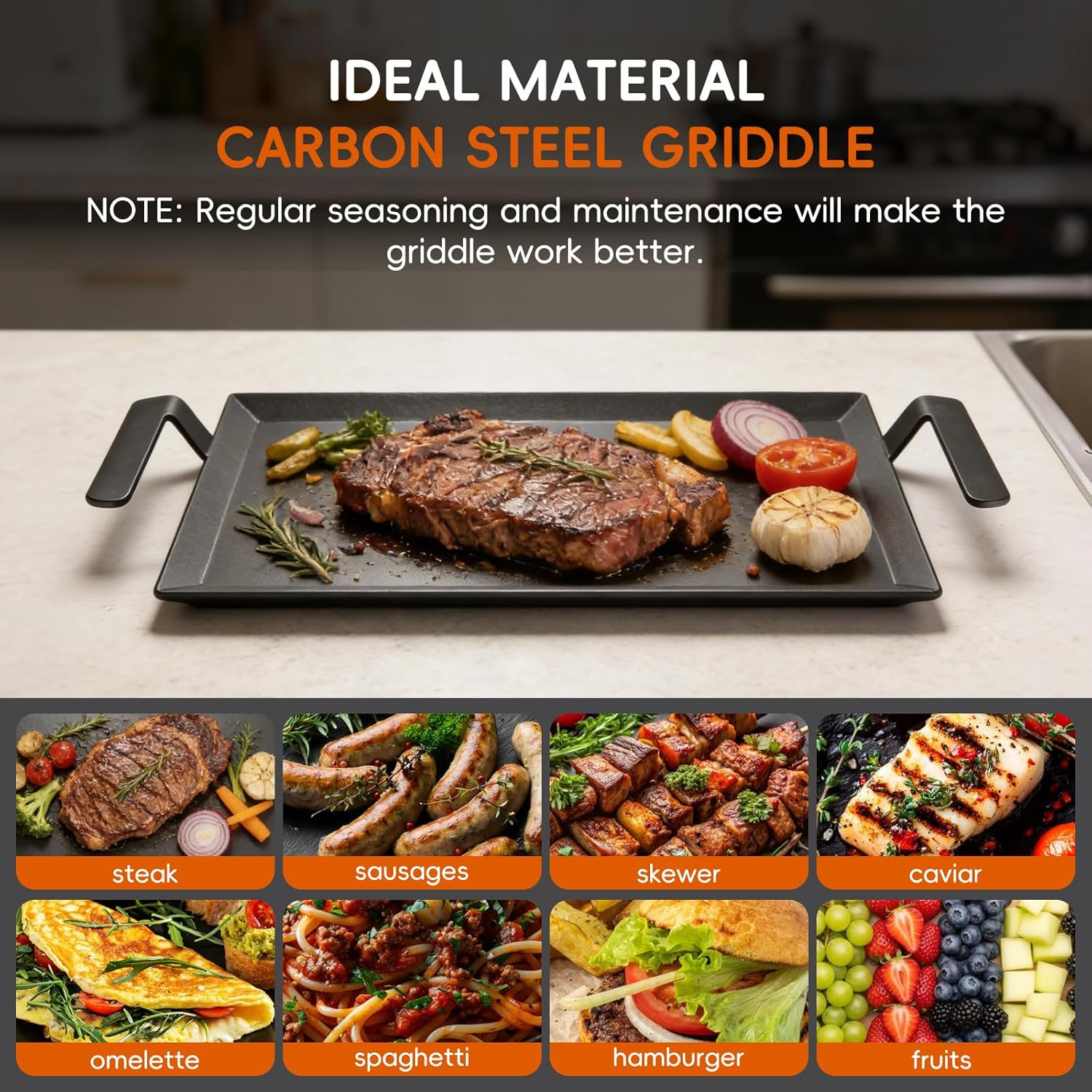 Carbon Steel Griddle + Grill Press | Professional-Grade Seasoned Cookware | Indu