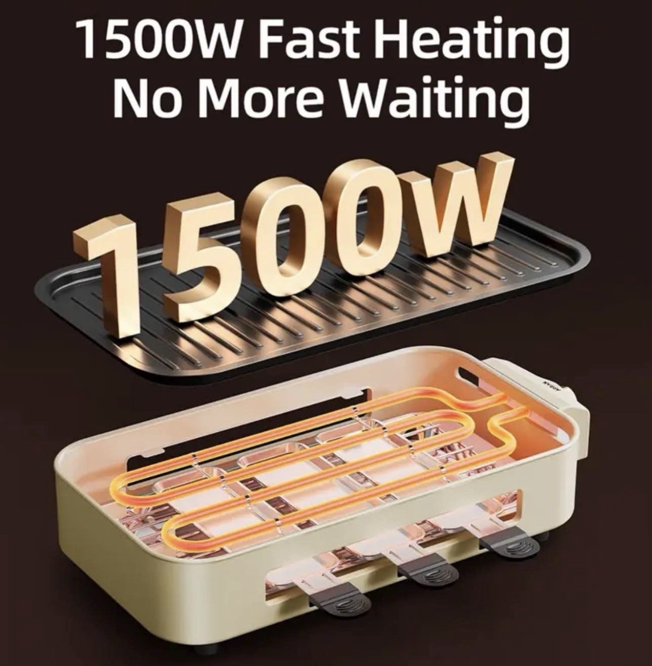 AORAN Electric Tabletop Grill Griddle 1500W Temp Control Rectangular Beige