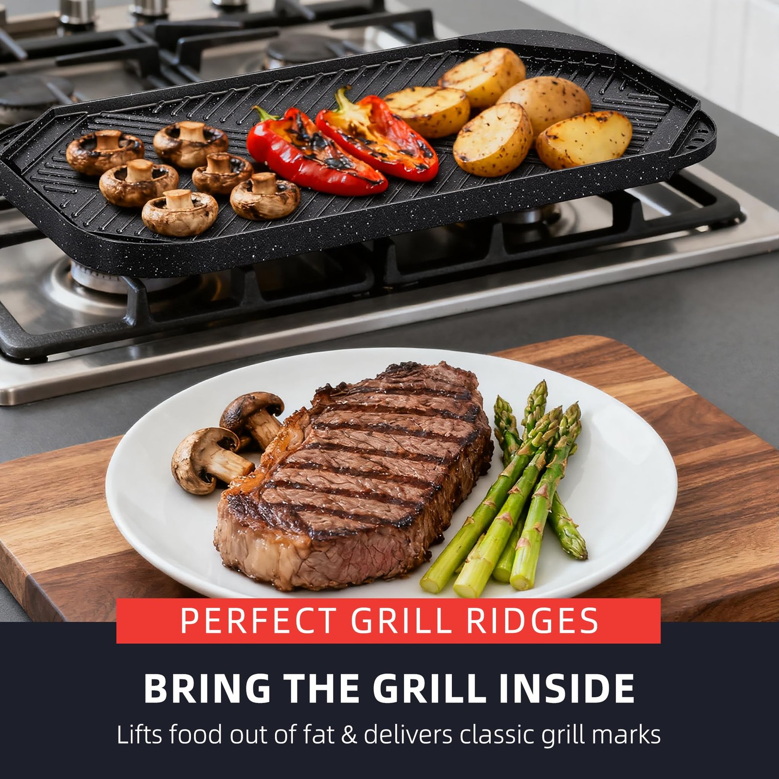 Nonstick Griddle Grill Pan 19.5×11 Inch Reversible Cast Aluminum Stove Top