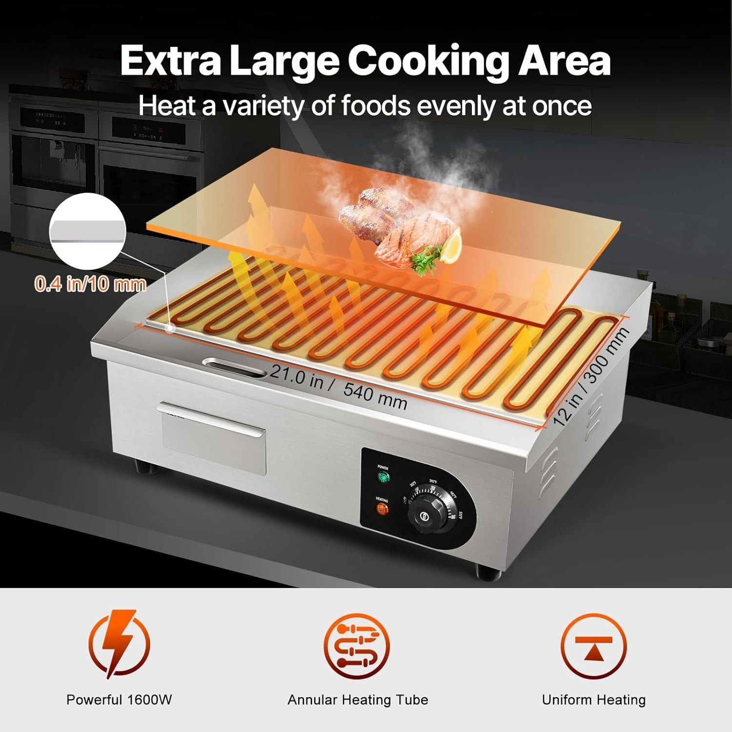 22″ Commercial Electric Griddle, 1600W Stainless Steel Grill