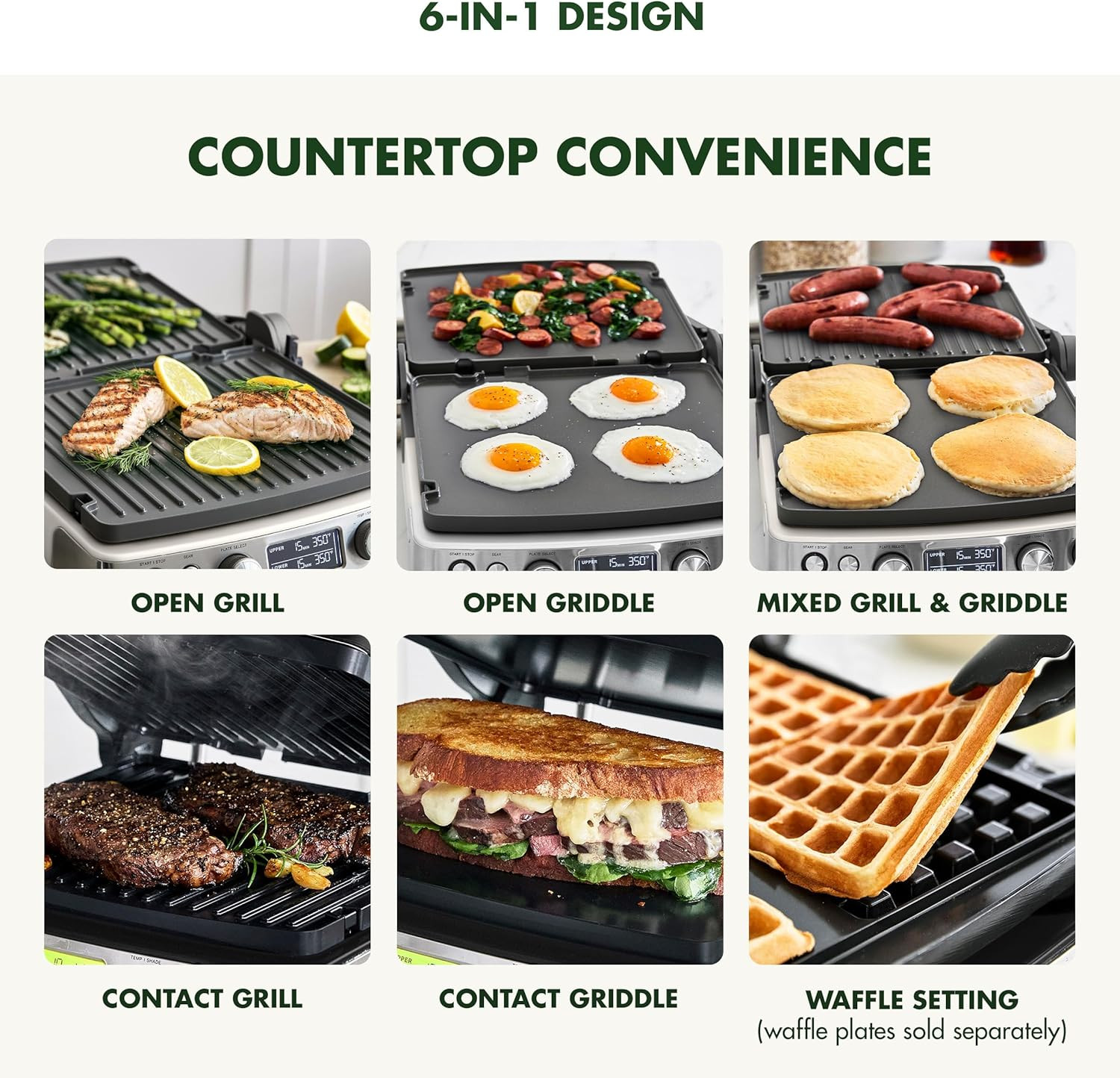 Elite 7-in-1 Nonstick Contact Grill & Griddle, PFAS-Free, Cream White