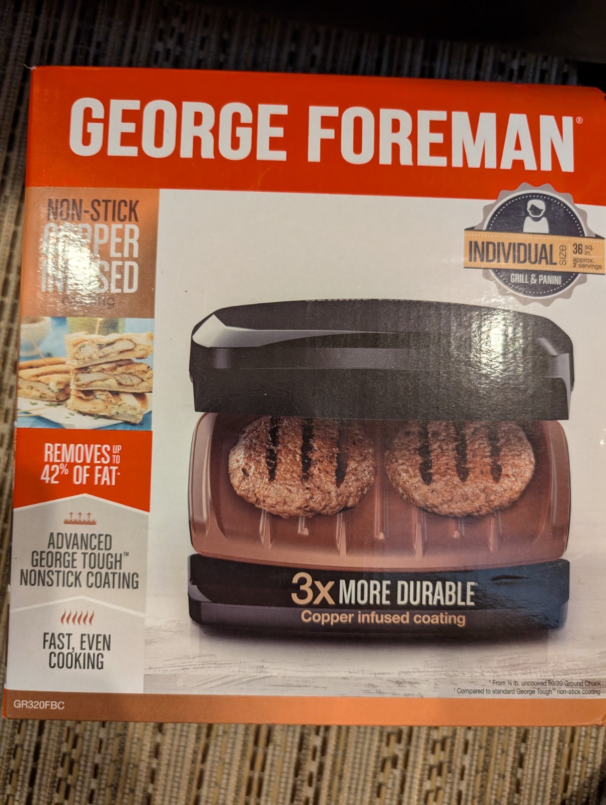 George Foreman 2 Serving Copper Infused Plate Grill Electric GR320FBC NEW Sealed