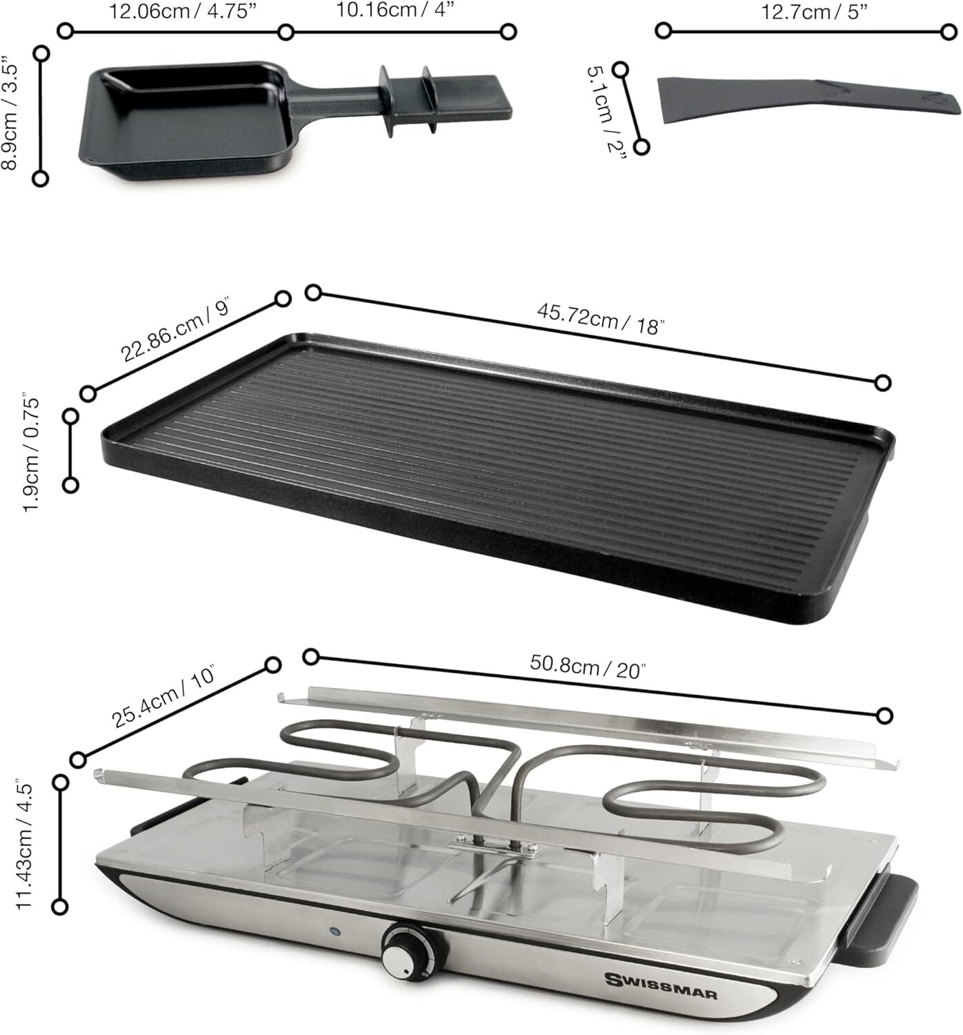 Swissmar Geneva Raclette with Reversible Cast Aluminum Grill 8 Person, Silver