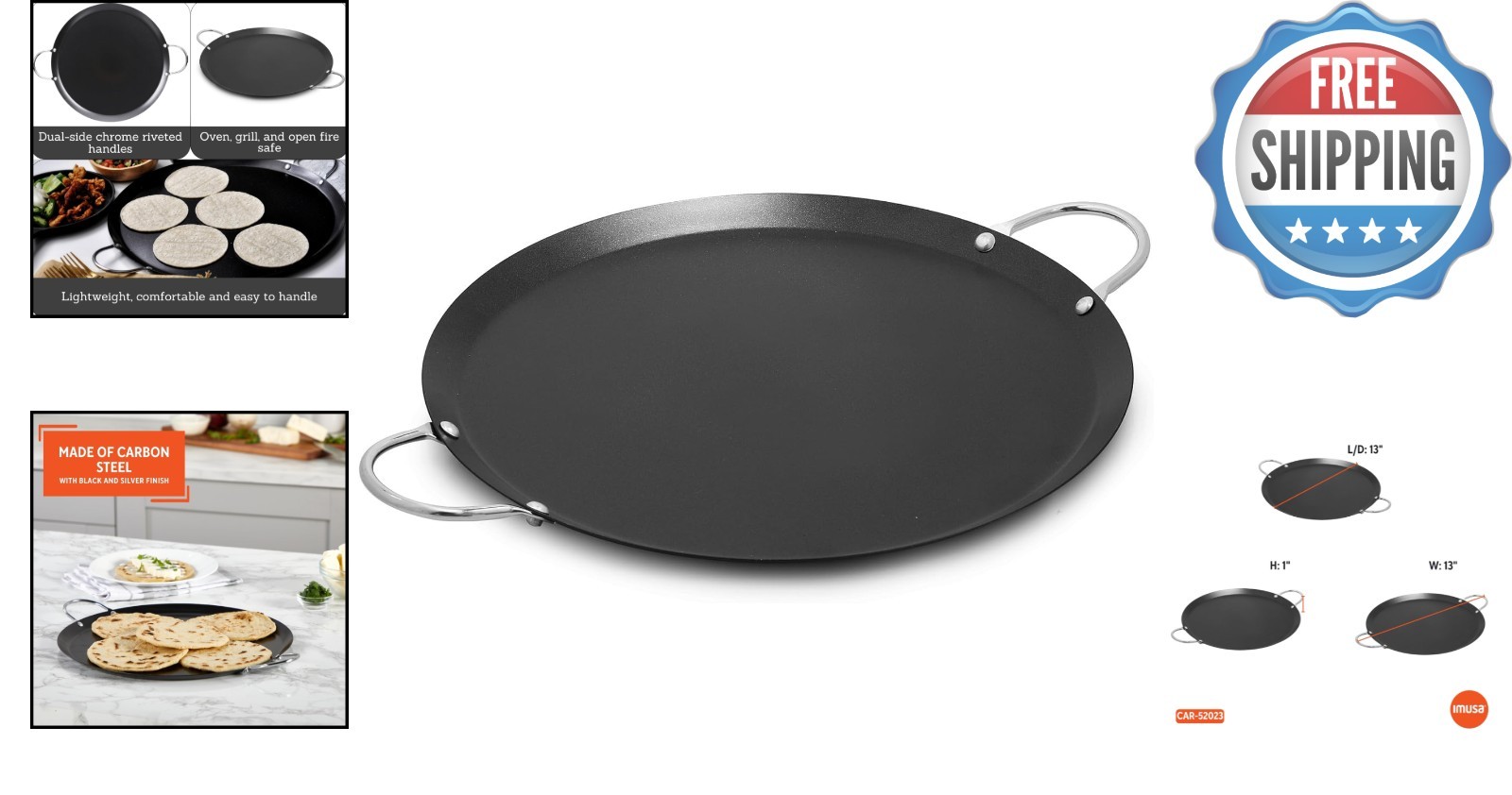 Versatile 13.5-Inch Nonstick Carbon Steel Comal with Metal Handles – Black