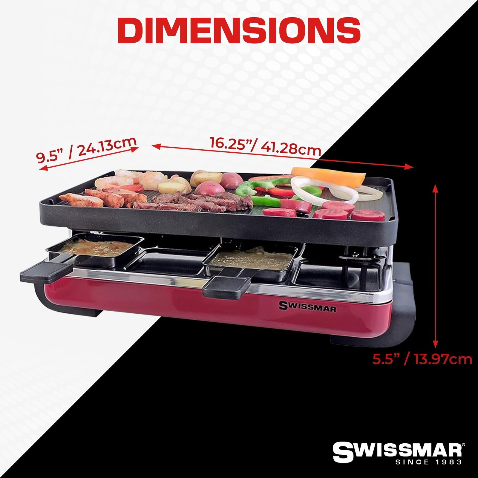 Swissmar Classic 8-Person Electric Raclette Grill Red 1200W Reversible Crepe Top