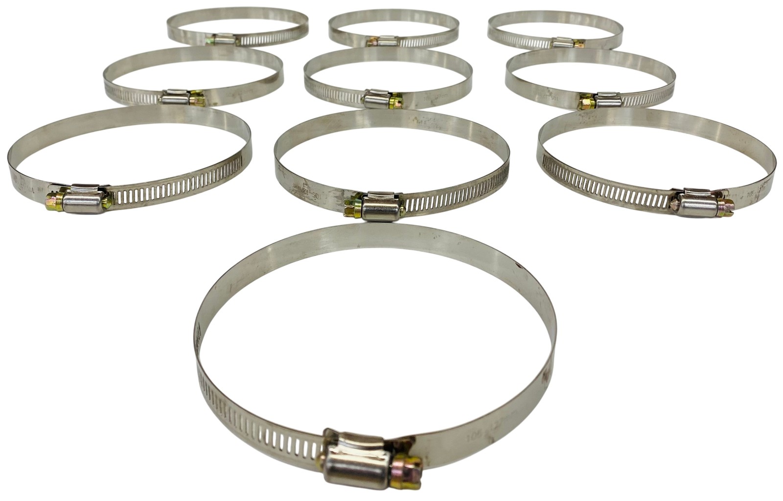 10-Pack S.S. Dryer Vent Hose Clamps 4″–5″ (CL4) SAE #06 1/4″ Screw 5/16″ Band