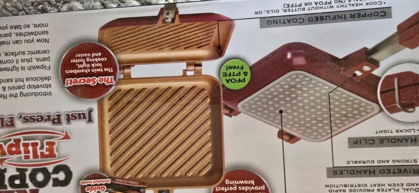 Red Copper Flipwich Stovetop Sandwich Maker Copper Infused Ceramic New InBox