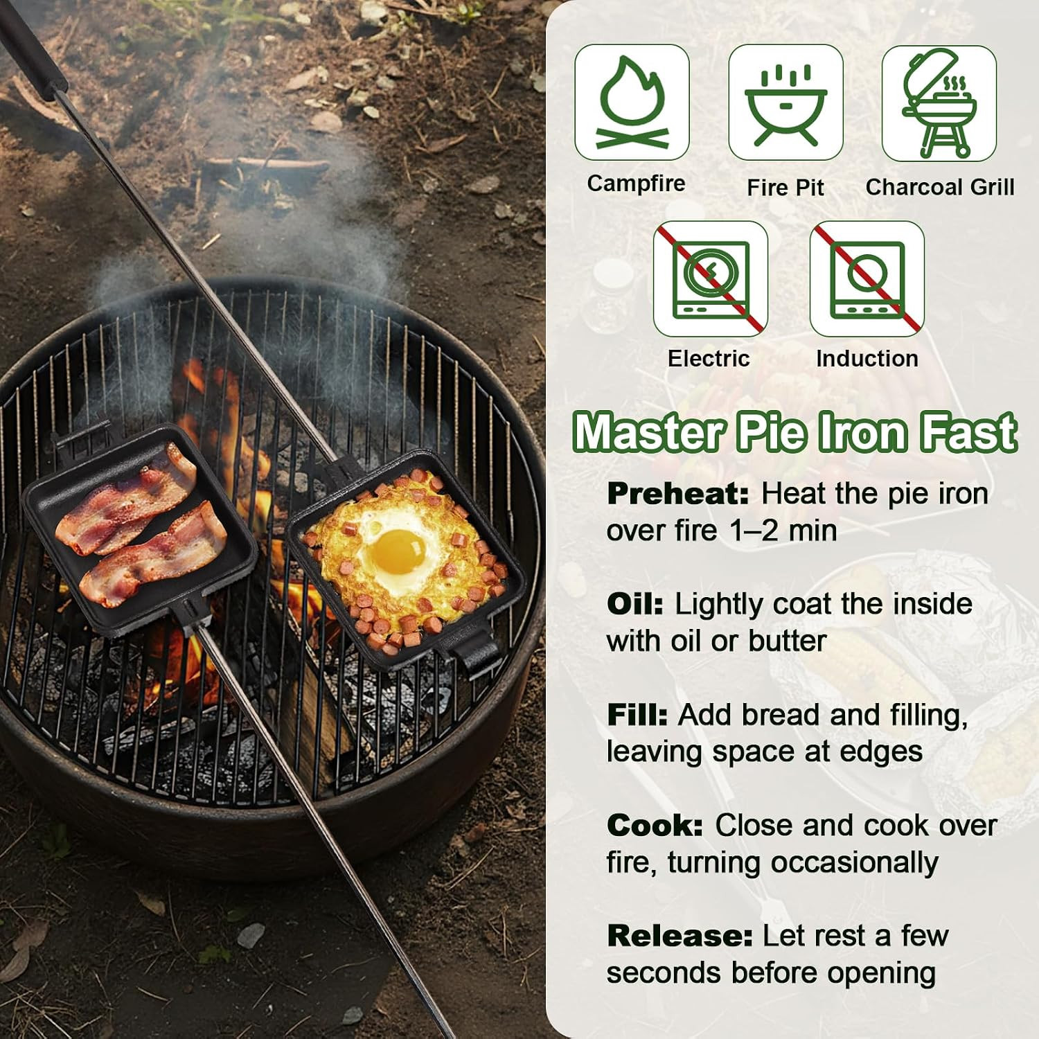 Cast Iron Mountain Pie Maker Set of 2 – Campfire Sandwich Irons with Bag