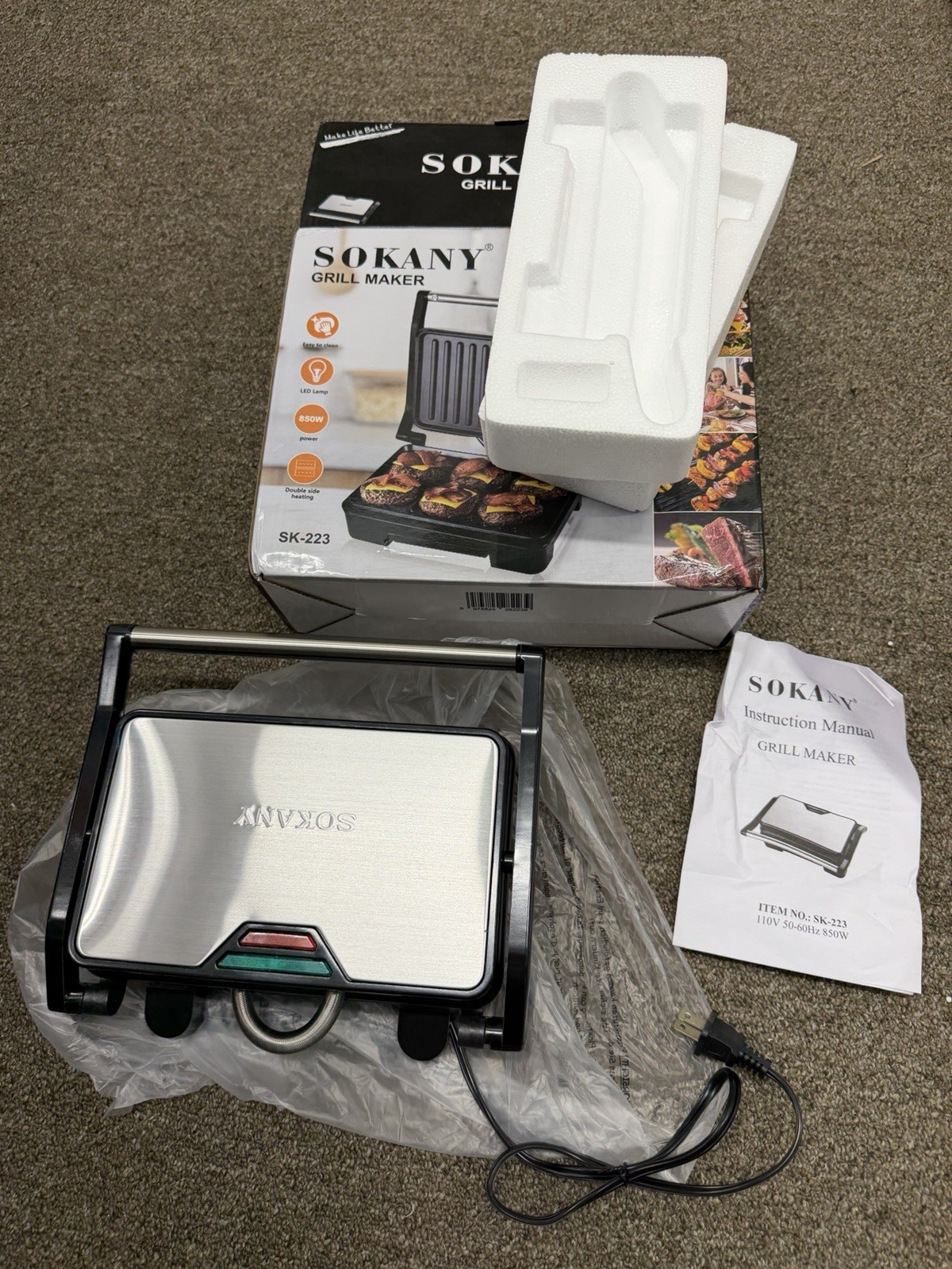 SOKANY SK-223 Electric Contact Grill 850W Stainless Steel Double-Side Heat SKU:T