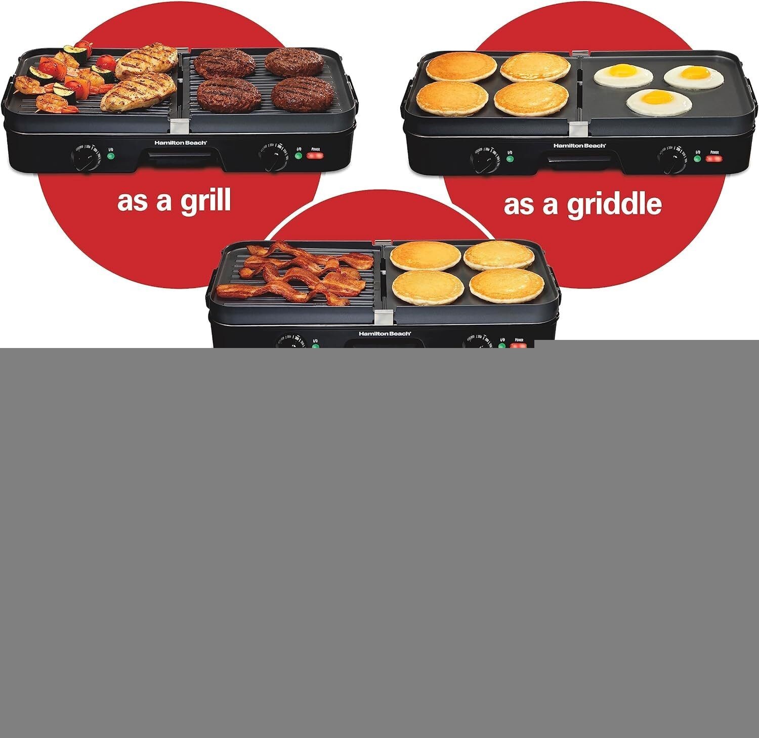 3-in-1 Electric Indoor Grill Griddle Reversible Nonstick Plates 2 Cooking Zones
