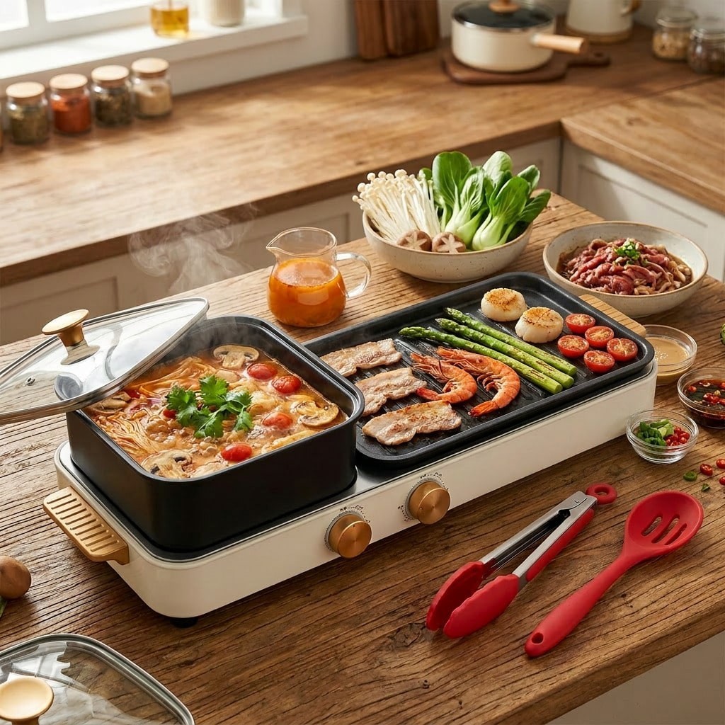 1500W 2 In 1 Electric Hot Pot Grill Dual Temp Control Nonstick BBQ Cooker