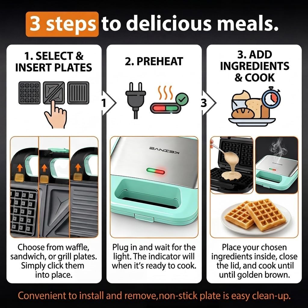 3-in-1 Sandwich Maker, Waffle Maker and Panini Press Grill, Aqua