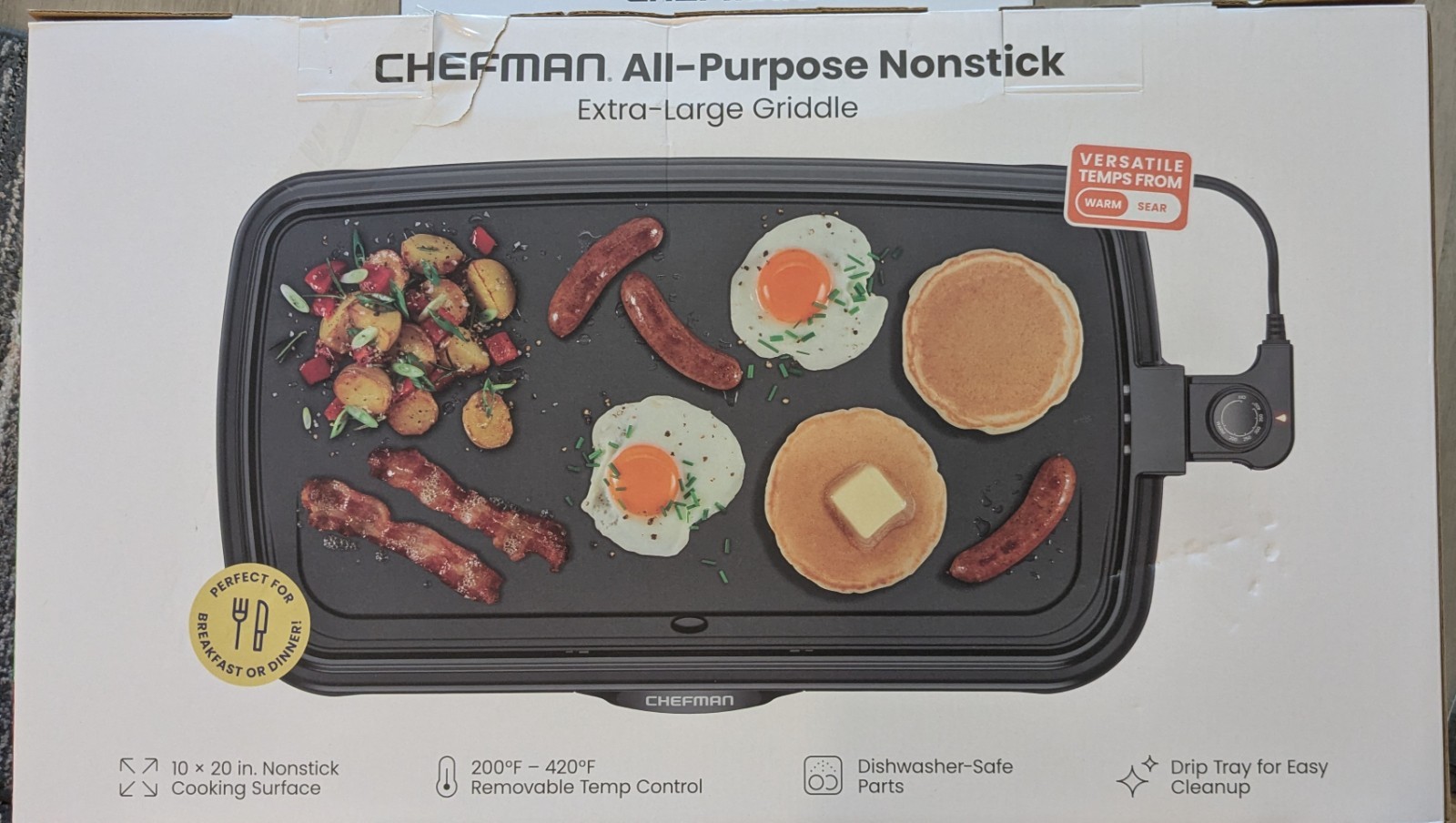Chefman XL Electric Griddle with Removable Temperature Control, Immersible Fl…