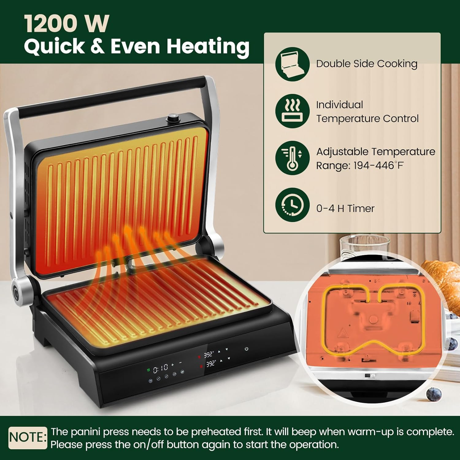 3-in-1 Panini Press & Grill, 1200W, Non-Stick, Adjustable Temp Control