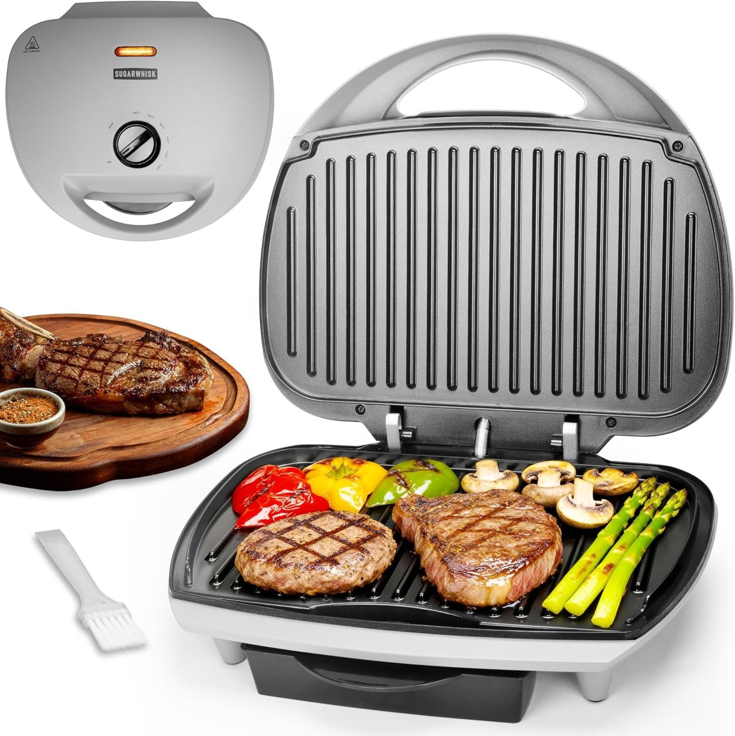 Family-Sized Electric Contact Grill – 6-Serving, 1500W, Adjustable Temp, Silver