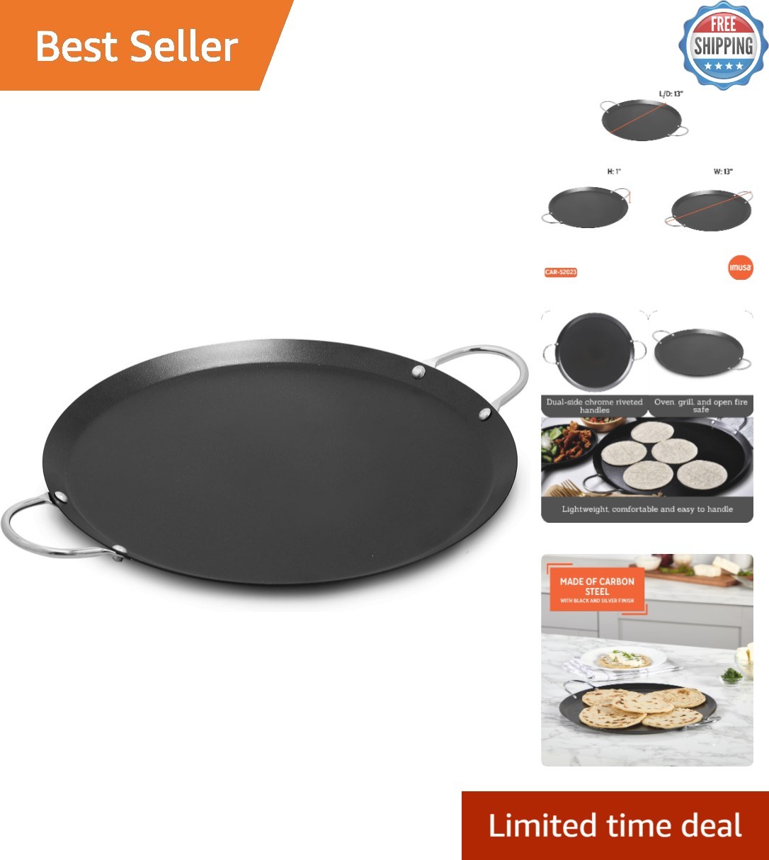 Versatile 13.5-Inch Nonstick Carbon Steel Comal with Metal Handles – Black