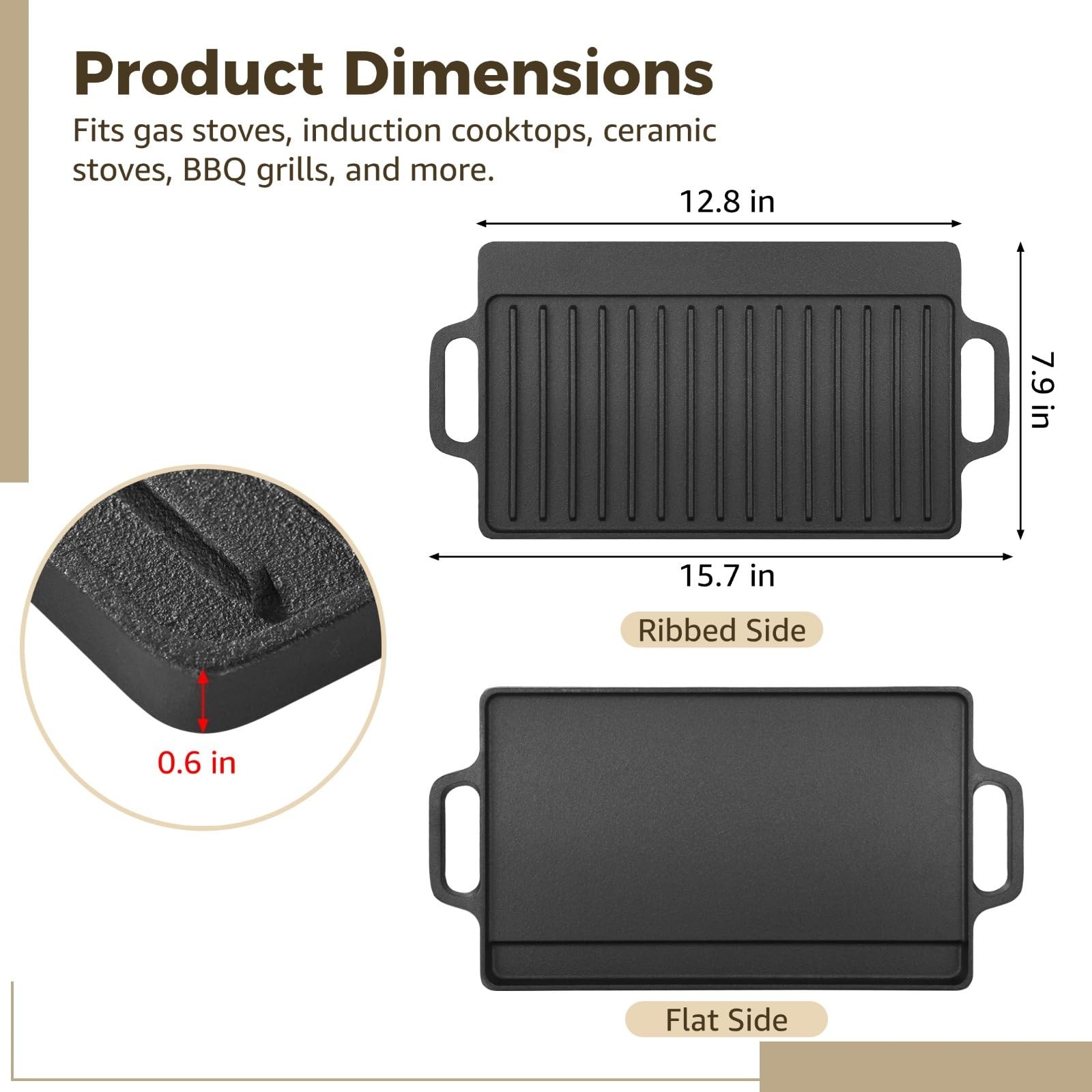 PreSeasoned Cast Iron Reversible Grill Griddle Double Burner Stovetop Pan