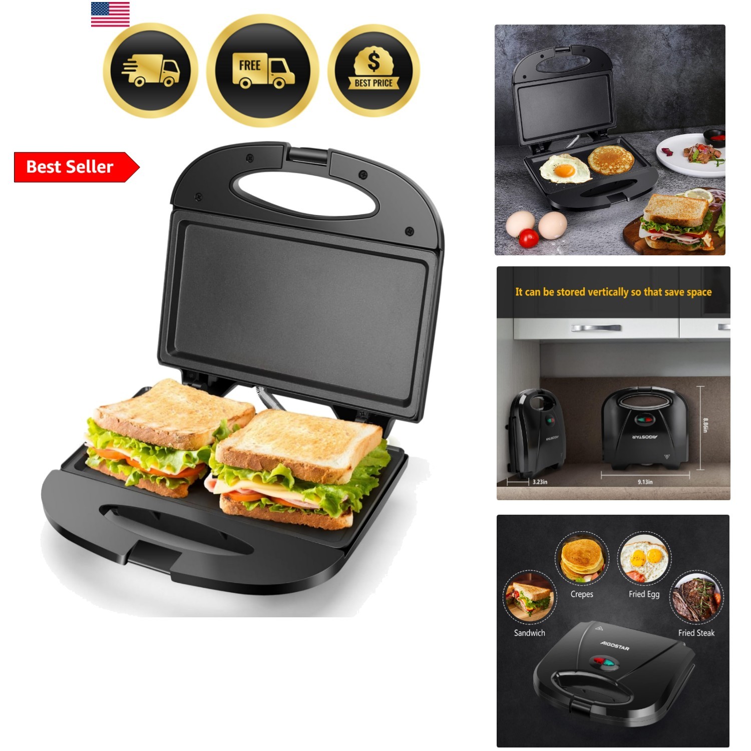 Sandwich Maker with Non-stick Deep Grid Surface for Egg, Ham, Steaks Compact …