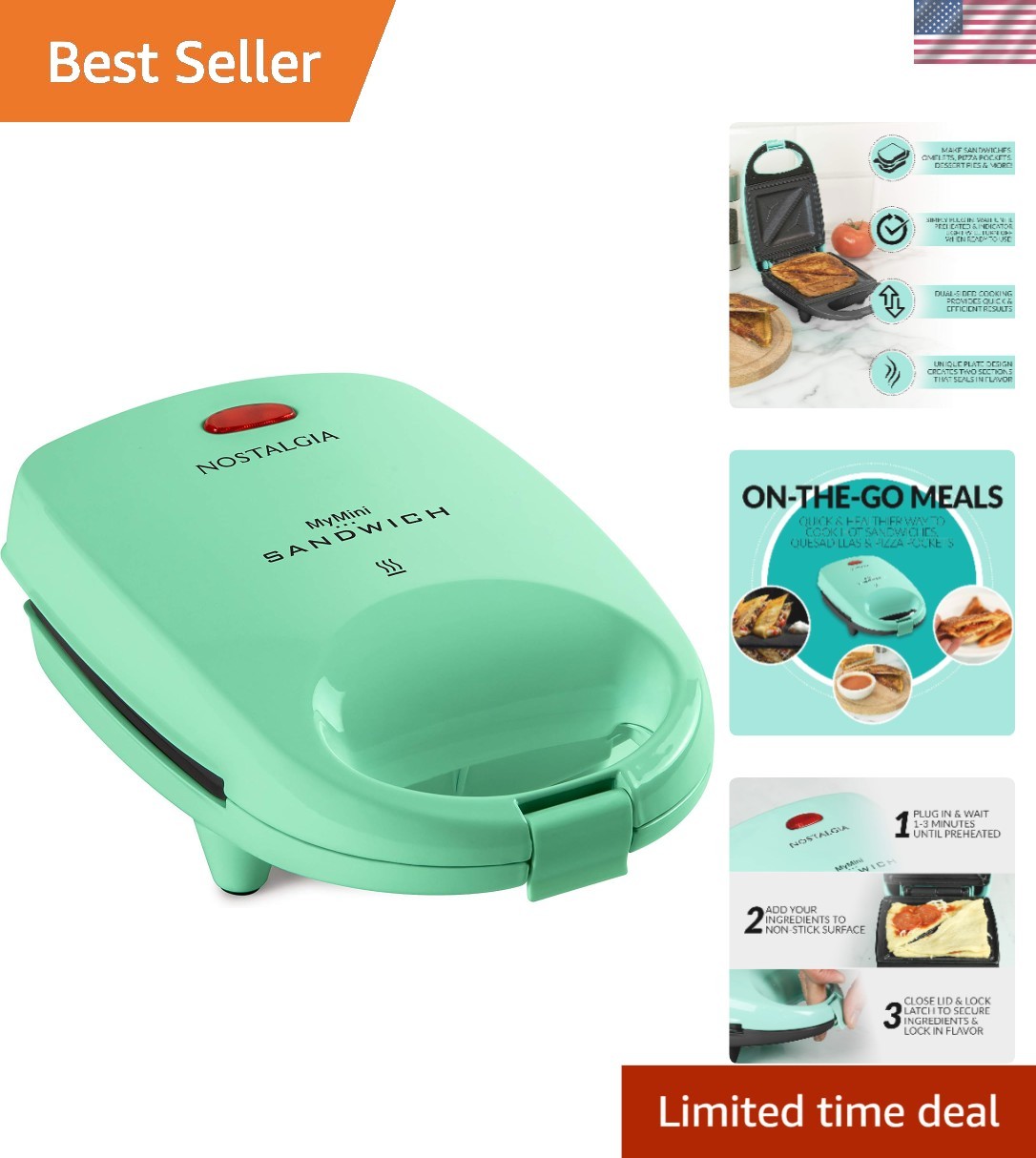 MyMini Mint Green Sandwich Maker – Nonstick Compact Panini Press for Quick Meals