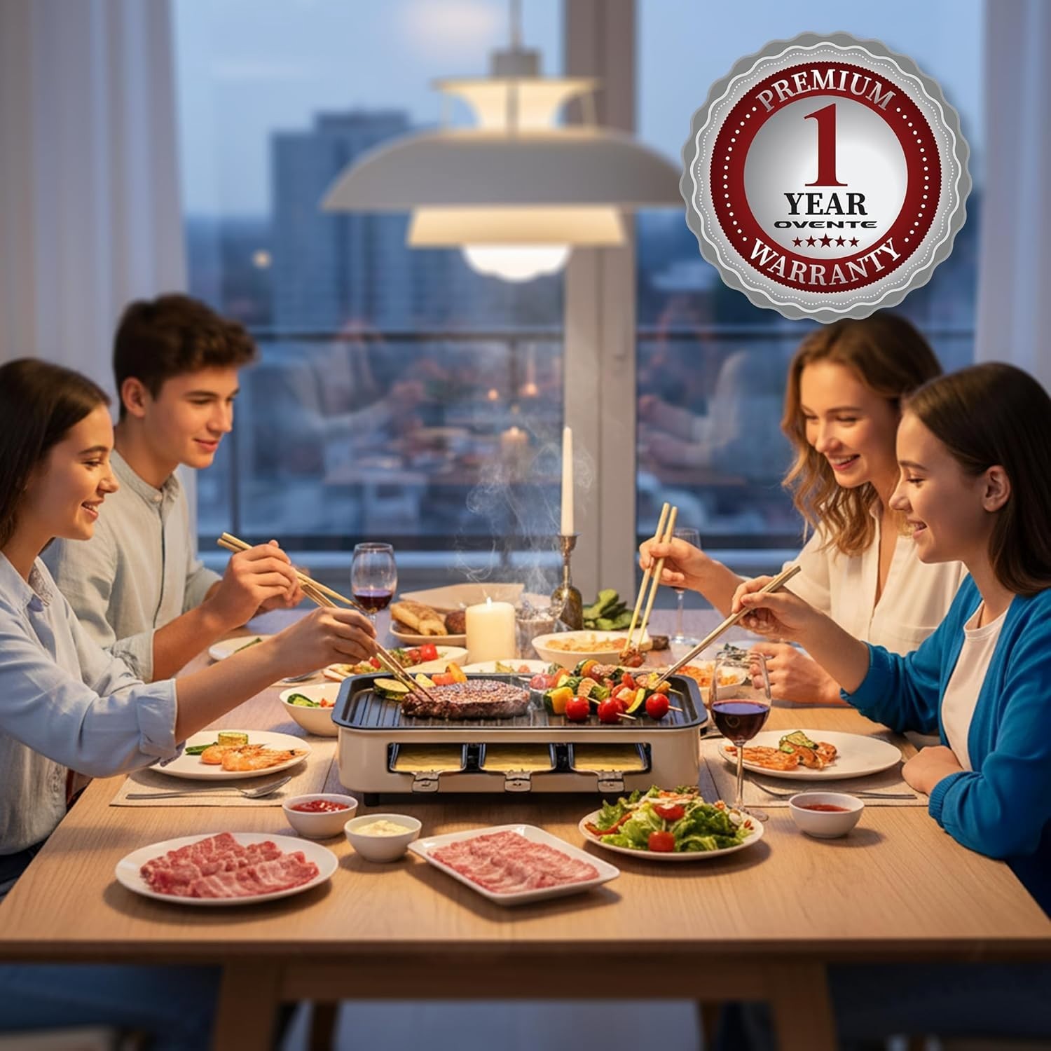 Compact 1500W Smokeless Grill with Removable Non-Stick Plates & 3 Raclette Trays