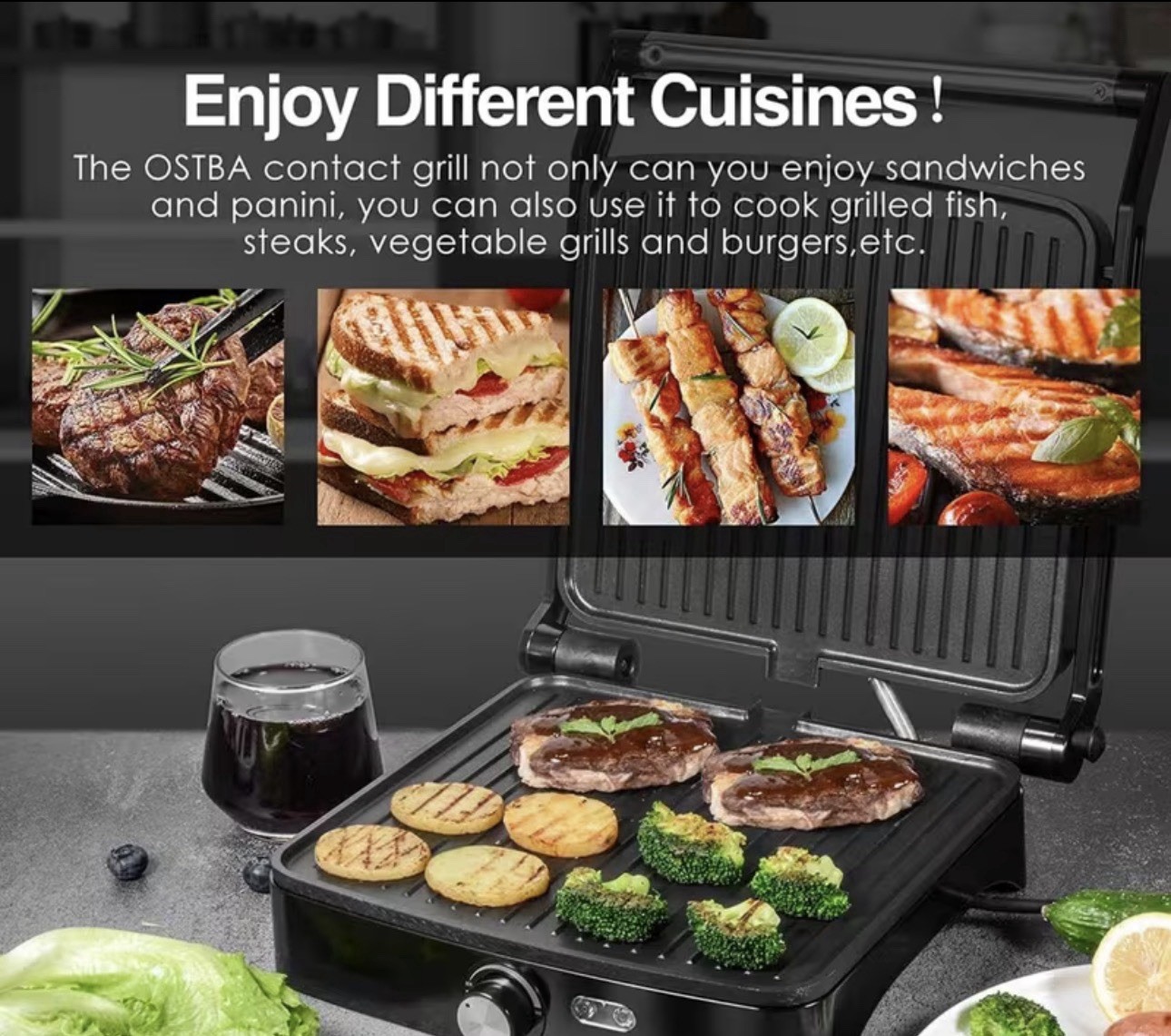 Ostba Bosch HMT72M450 Panini Press Contact Grill 180° Grill Non-Stick Black