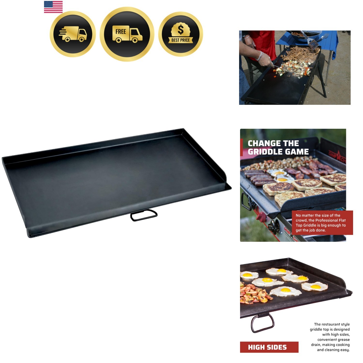 Fry Griddle 3 Burner Cooking Surface Large Heavy Duty Steel Indoor Outdoor