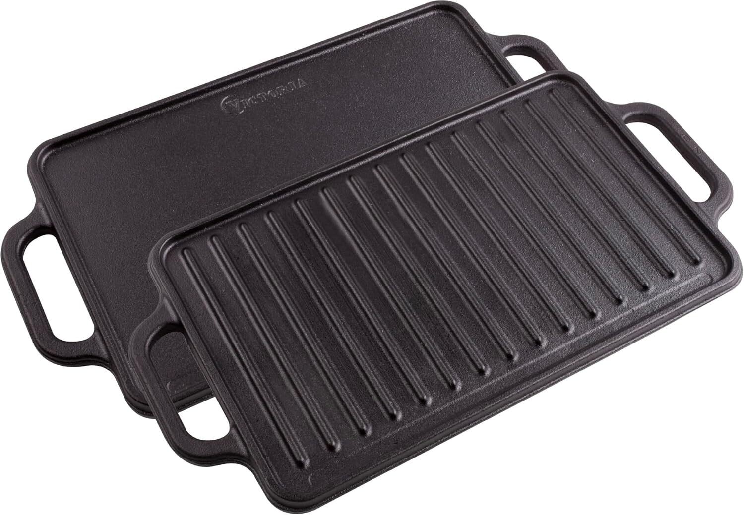 Reversible Cast Iron Griddle Double Burner Grill 13 x 8.5 Inch Camping BBQ Cook