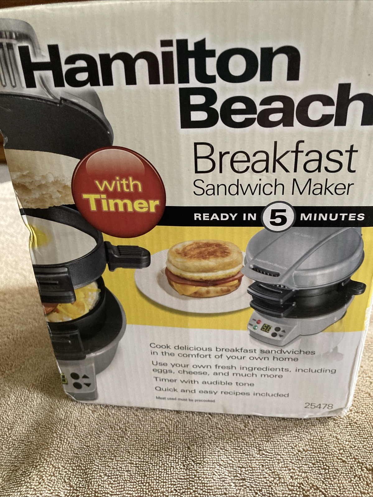 Hamilton Beach Breakfast Sandwich Maker Timer Nonstick Egg Muffin Bacon 25478