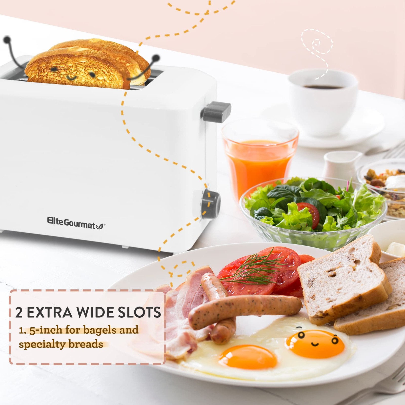 Elite Gourmet ECT-1027 Cool Touch Toaster, 7 Toast Settings 2 Slice, White