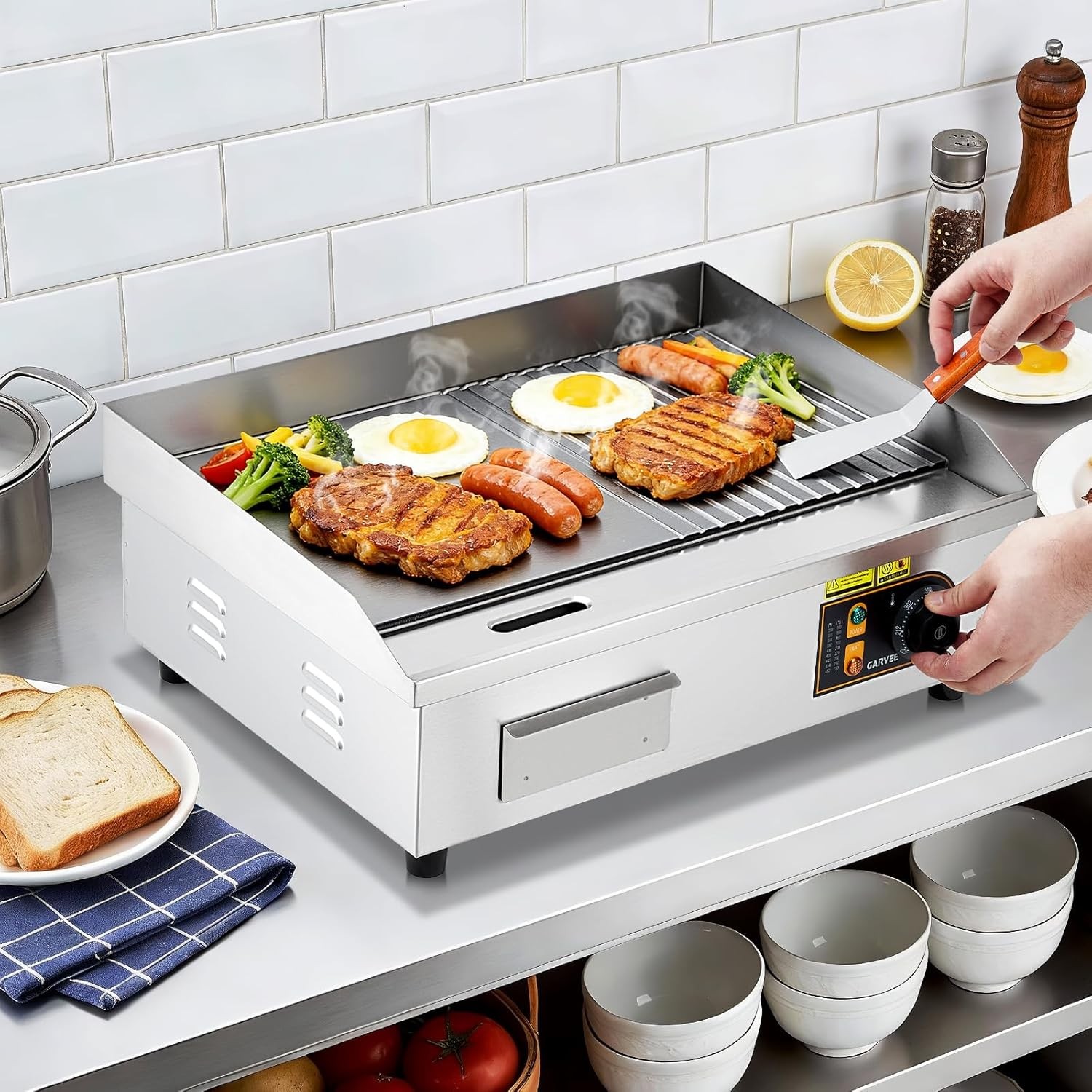 22in Stainless Steel Griddle Grill Half-Flat Top with 2 Shovels ,2 Brushes 1700W