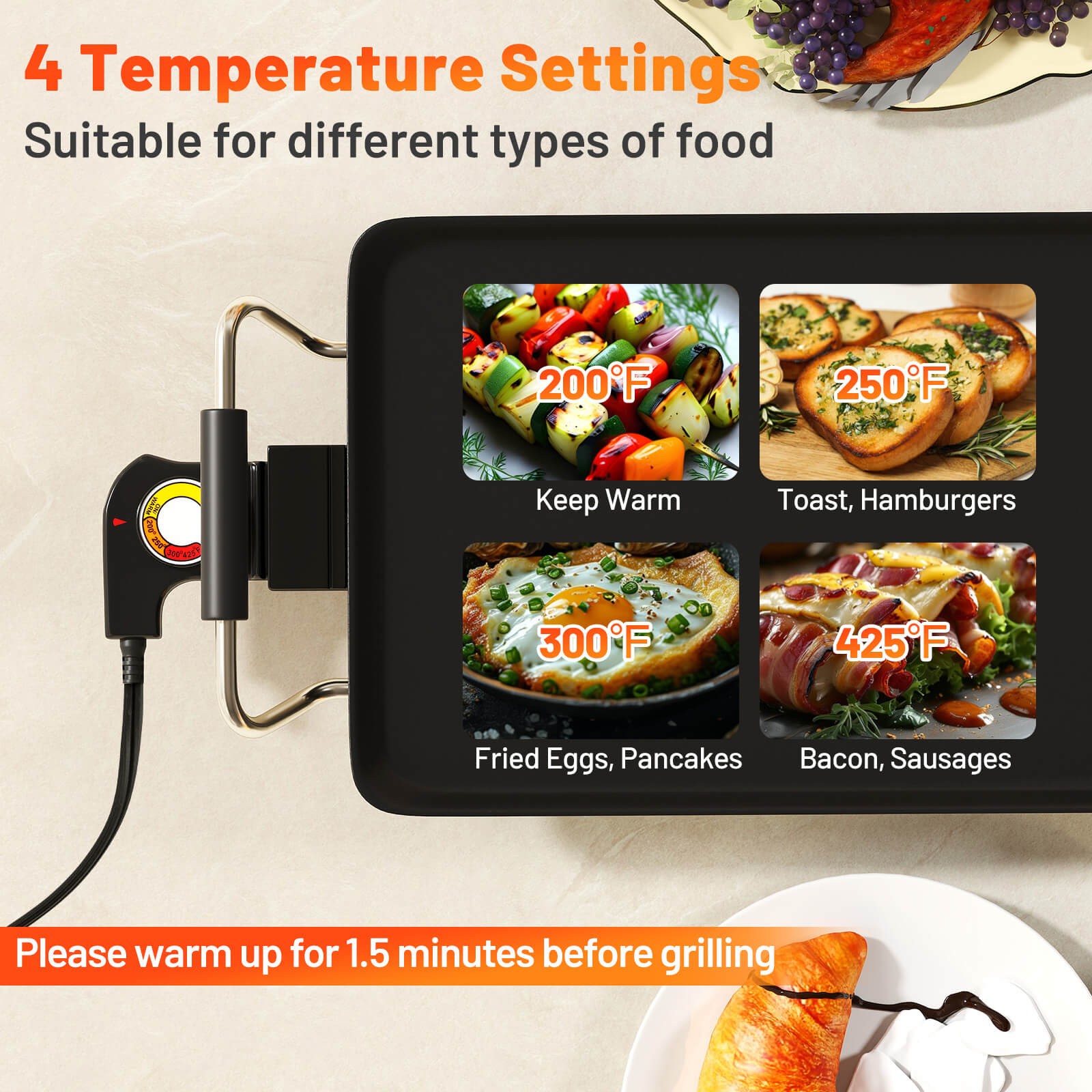 27″ Large Electric Griddle w/ Adjustable Temperature Thermostats and Drip Tray