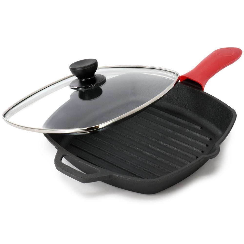 MegaChef Griddle 10.4″ Pre-Seasoned Cast Iron Square Glass Lid Silicone Handle