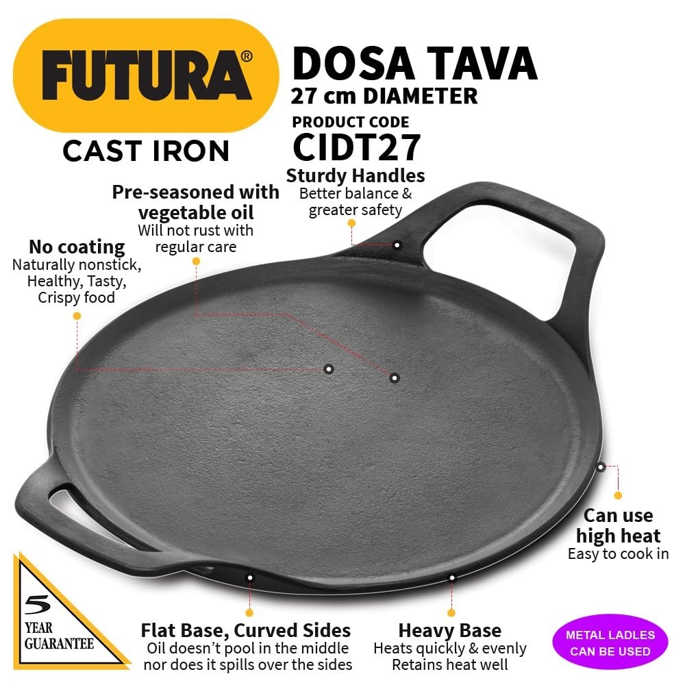 Hawkins Futura Cast Iron Dosa Tava, Pre-Seasoned Flat Griddle Pan, Black