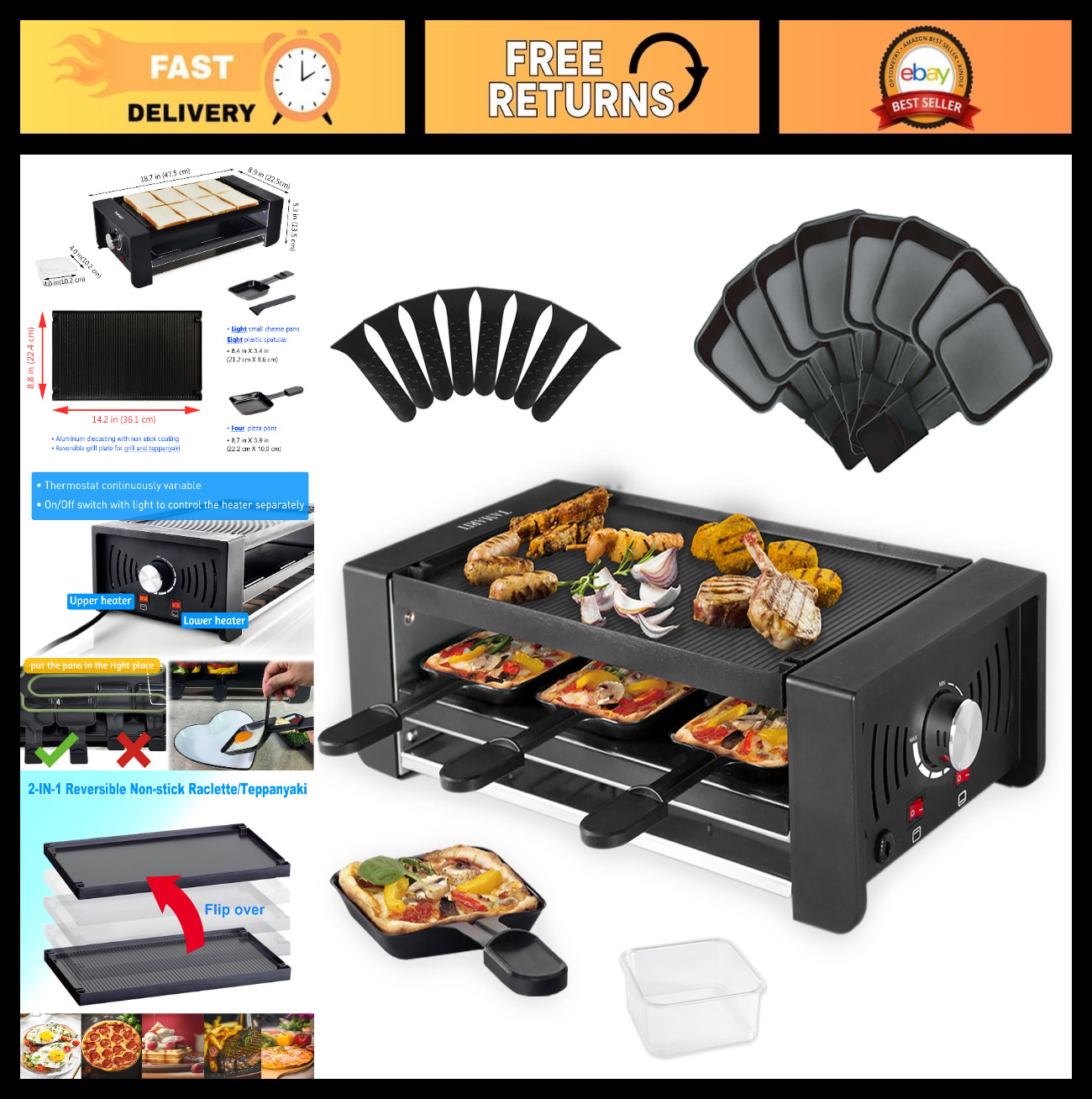 Indoor Electric Raclette Grill Party Maker | 8 Cheese Trays, 4 Pizza Pans, Dual