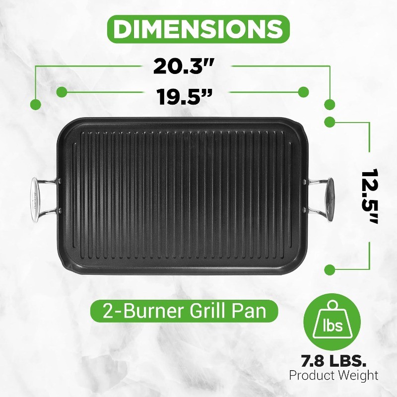 Stove Top Grill Pan – Double Burner, Hard-Anodized Non stick Grill & Griddle Pan
