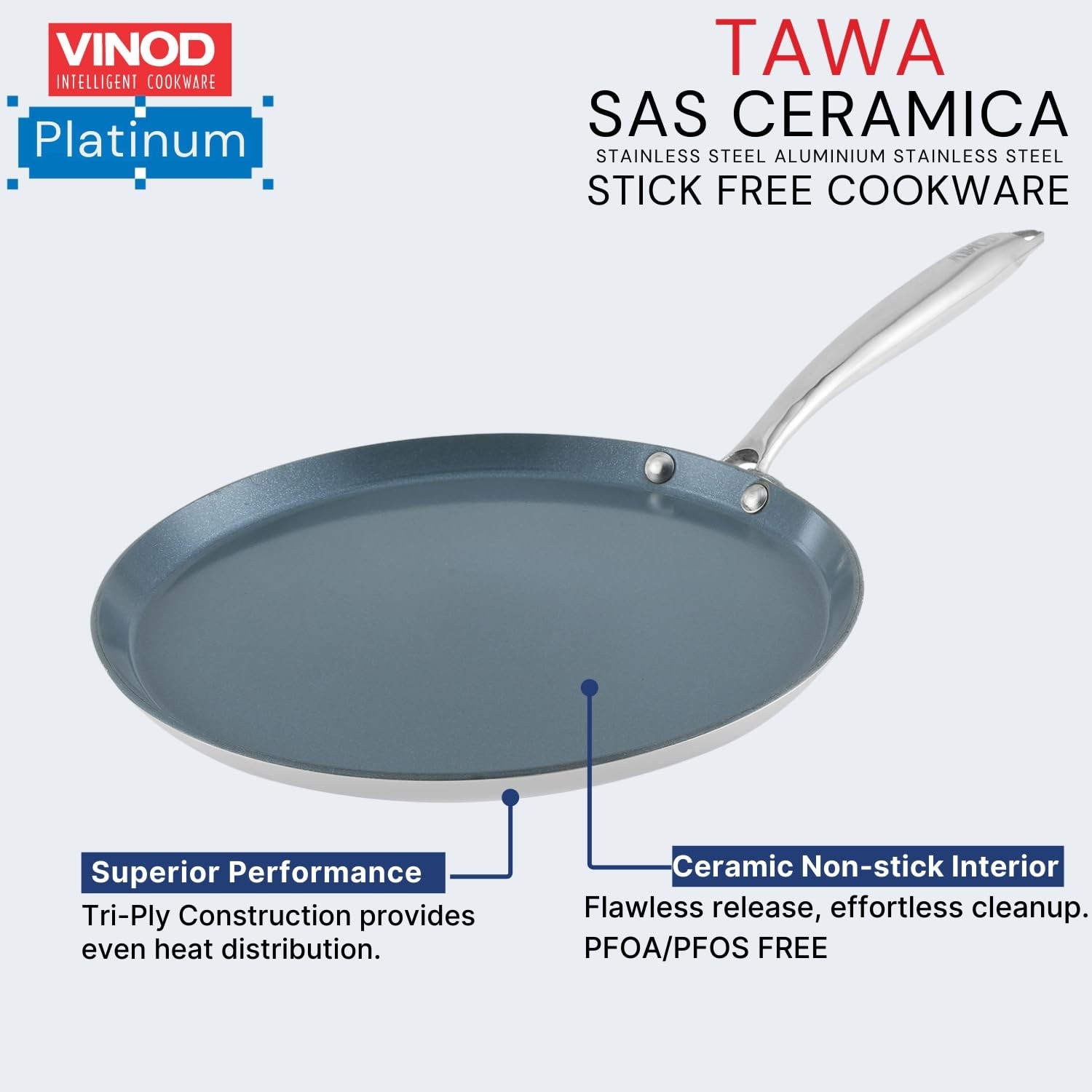 Vinod SAS Ceramic Triply Non Stick Dosa Tawa Induction Gas Metal Safe Pan