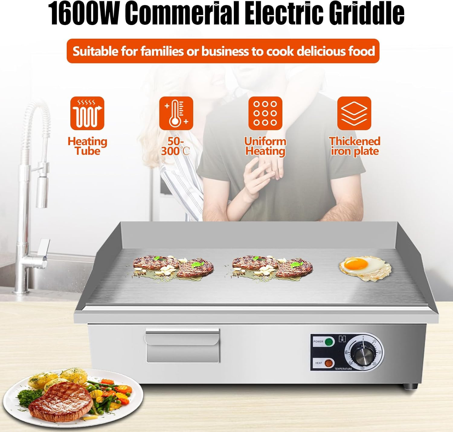 22″ Electric Griddle – Non-Stick Stainless Steel, Adjustable Temp, 1600W