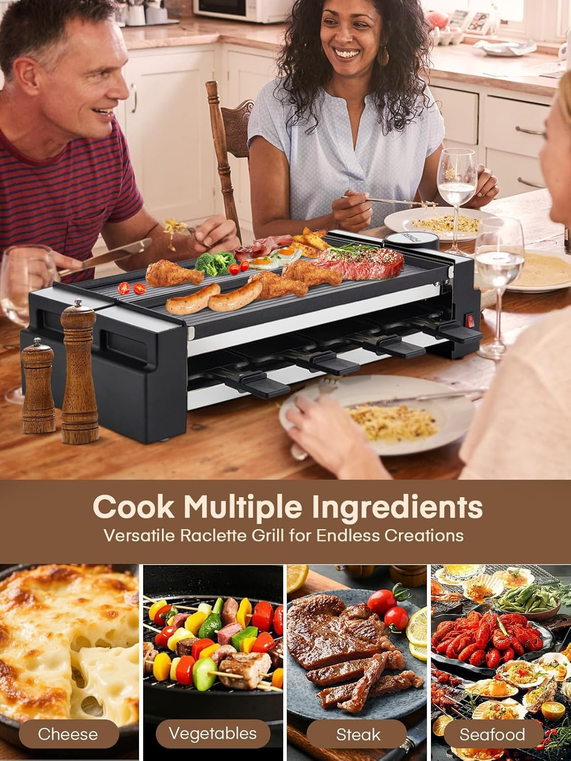 2-in-1 Electric Raclette Grill for 8, Non-Stick Plates & Cheese Pans Included