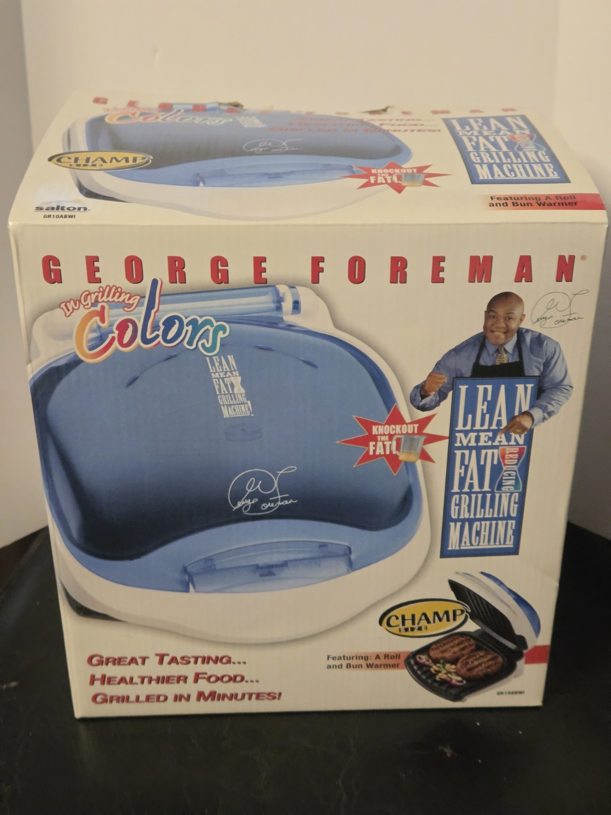 Retro George Foreman Grill Grilling Colors Blue W/ Bun Warmer & Drip Tray WORKS
