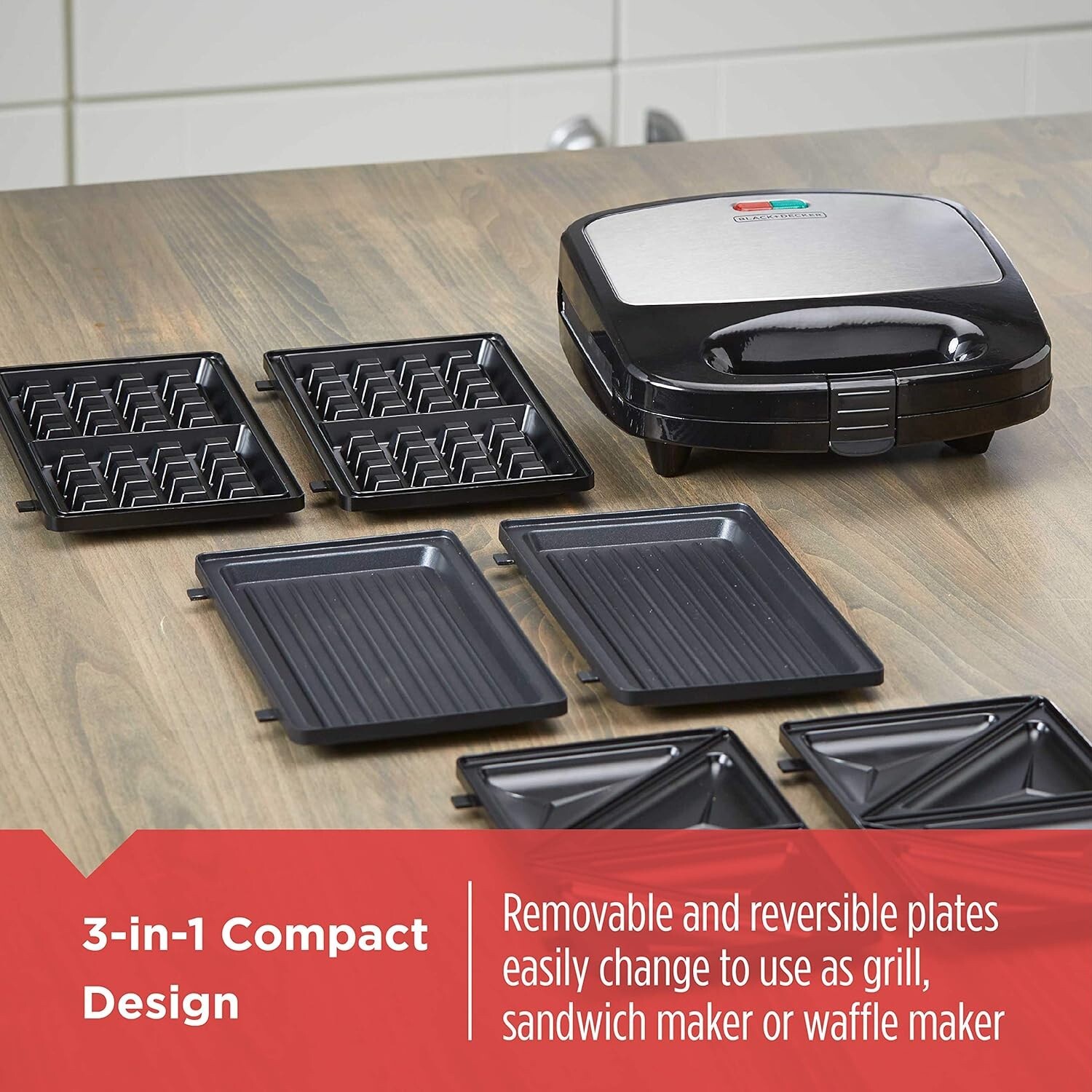 BLACK+DECKER 3-in-1 Waffle Iron, Non-Stick Removable Plates, Compact Design