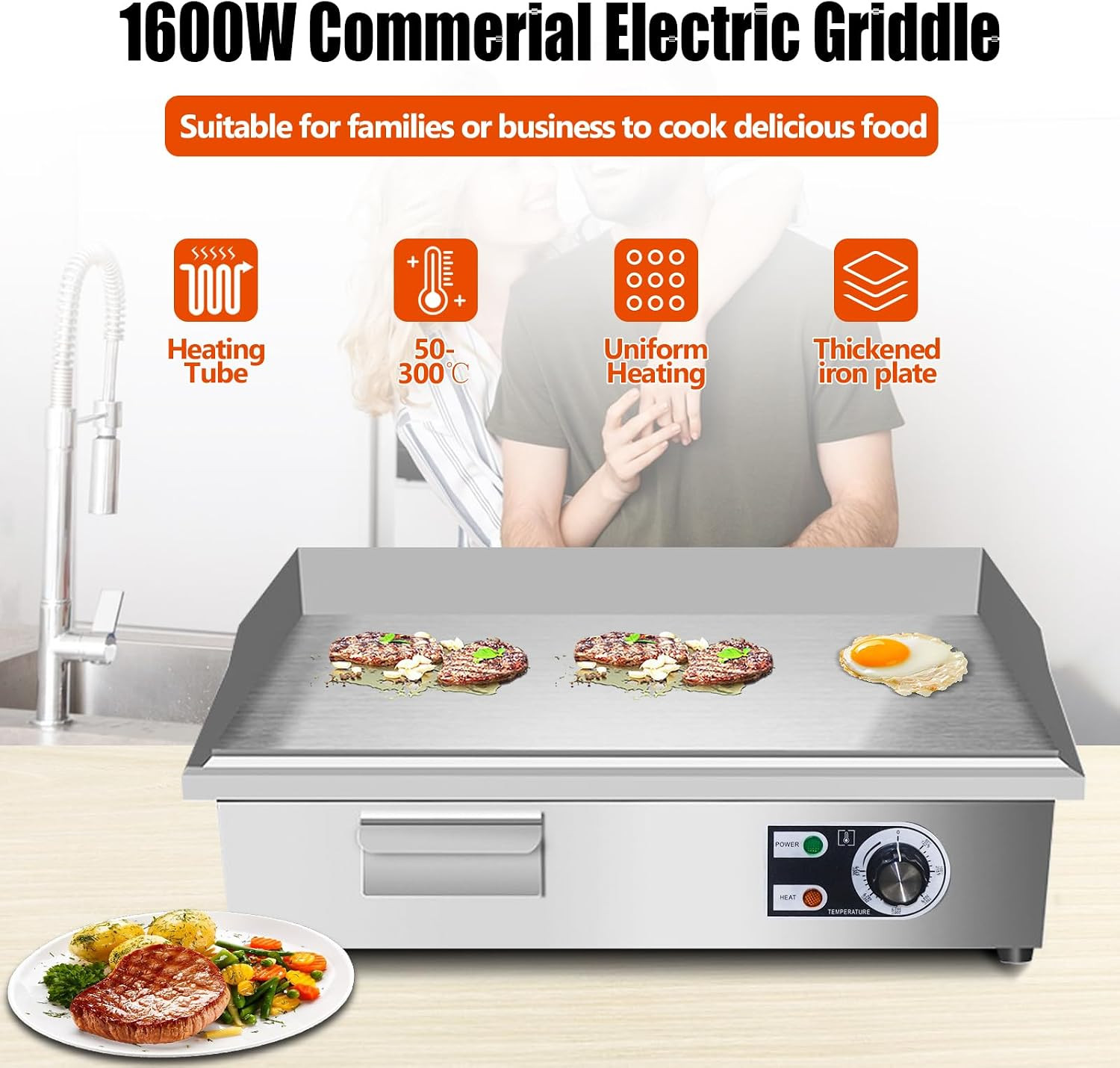 22″ Commercial Electric Griddle,Electric Countertop Flat Top Griddle,110V 1600W