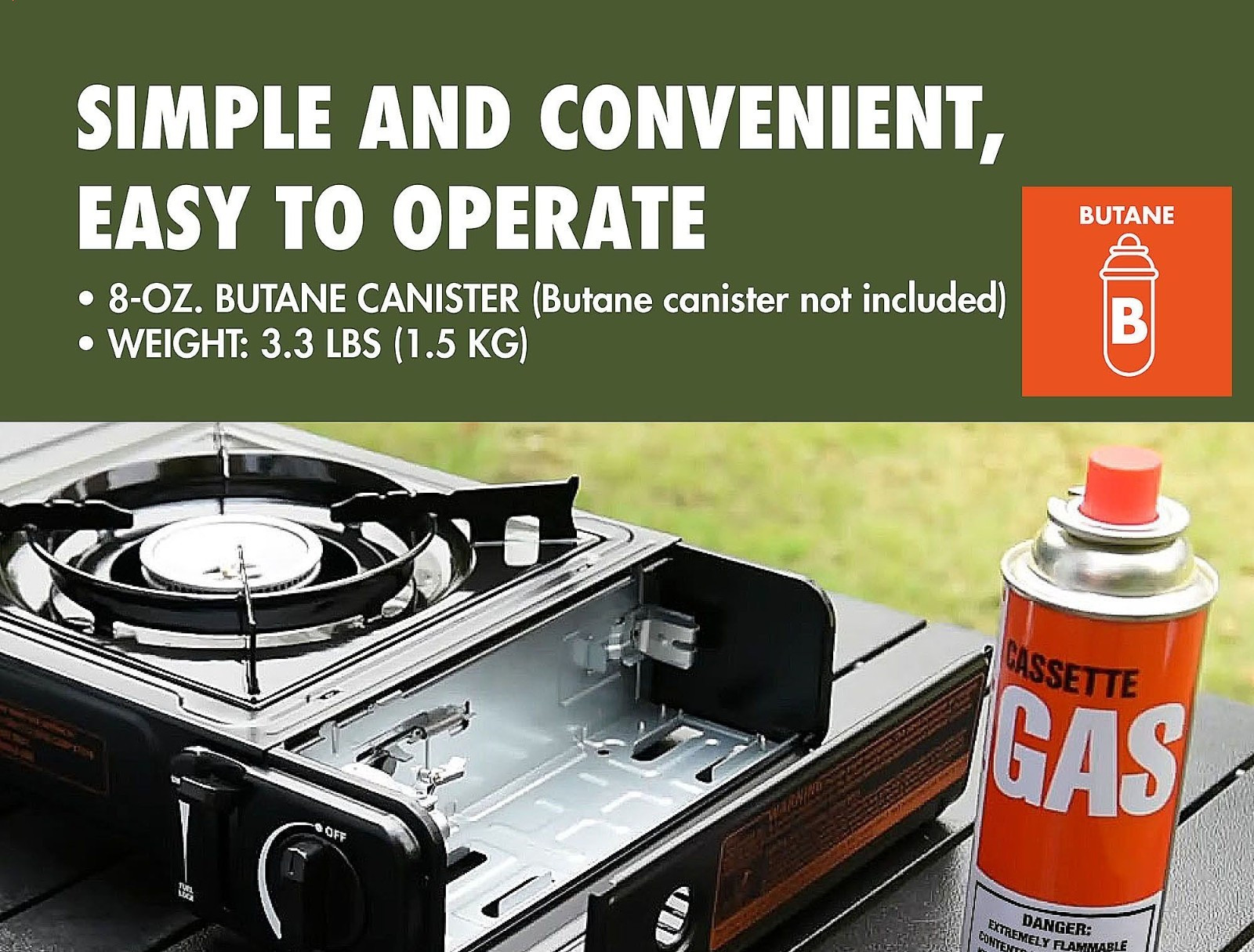 2-in-1 Butane Griddle, Black, 7,650 BTU, Piezo-Electric 2.2kW, Outdoor Cooking