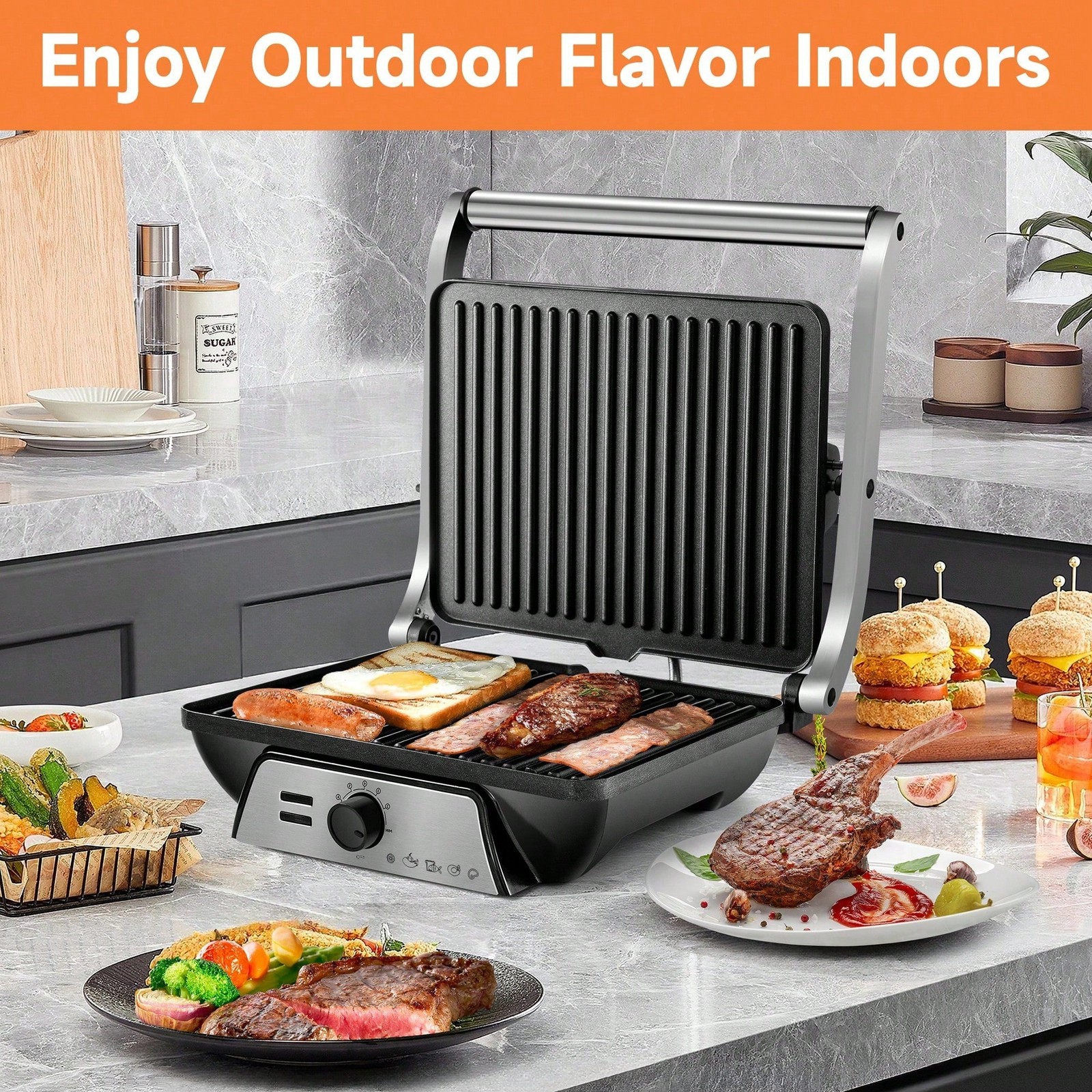 3-In-1 Breakfast Panini Press Electric Indoor Baking Tray,Control Knob180-Degree